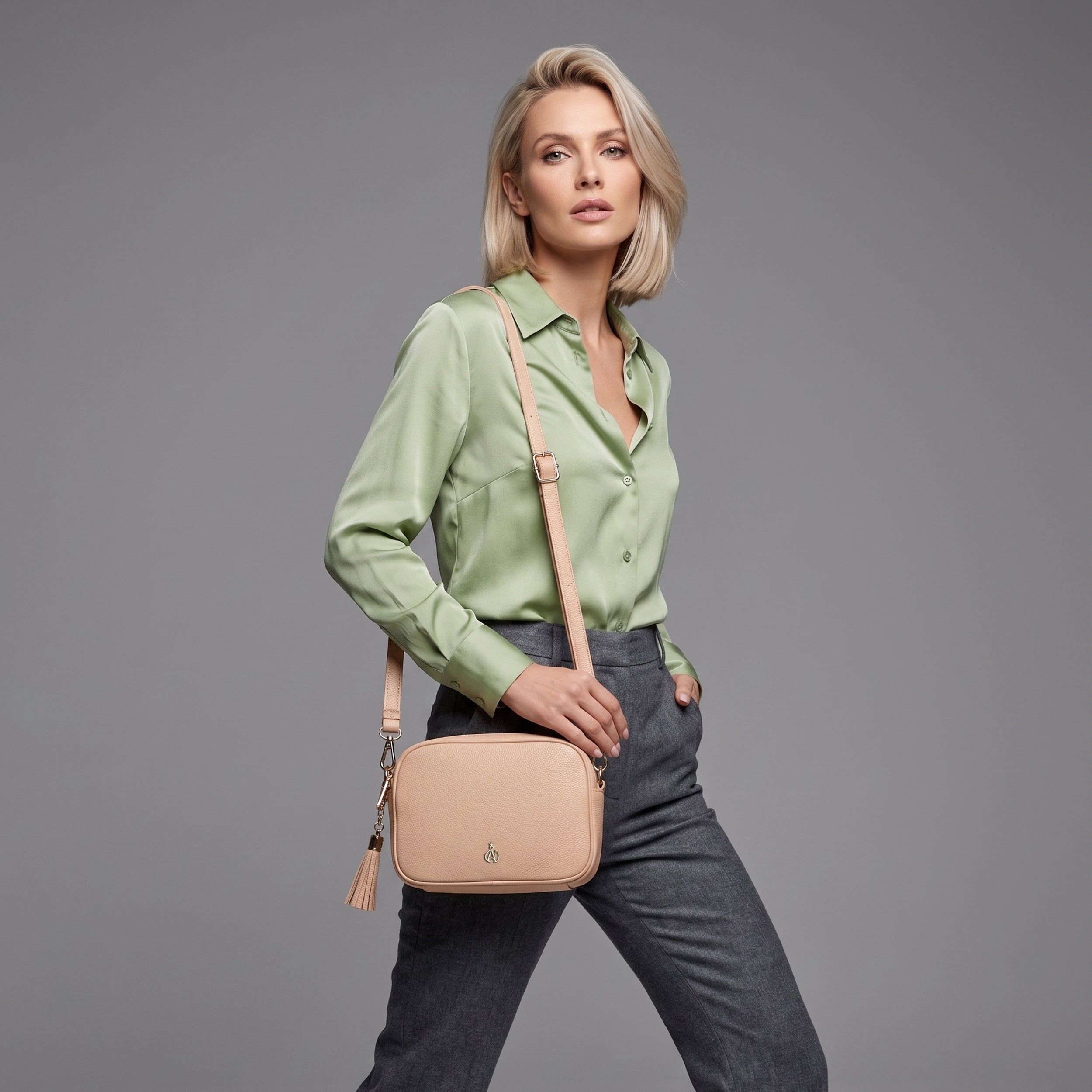 'KENT' Peach Pebble Grain Real Leather Crossbody Bag