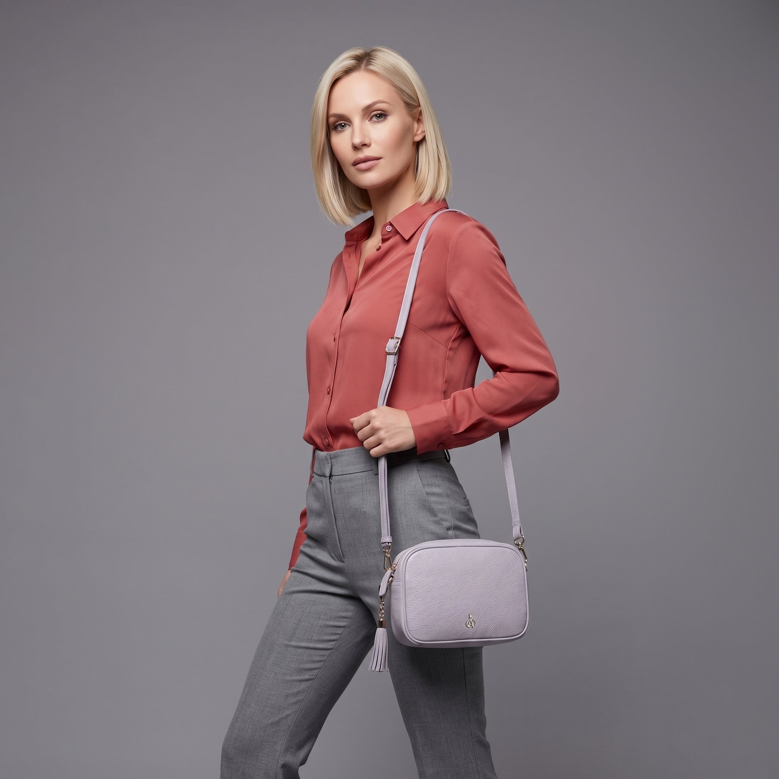 'KENT' Lilac Pebble Grain Real Leather Crossbody Bag