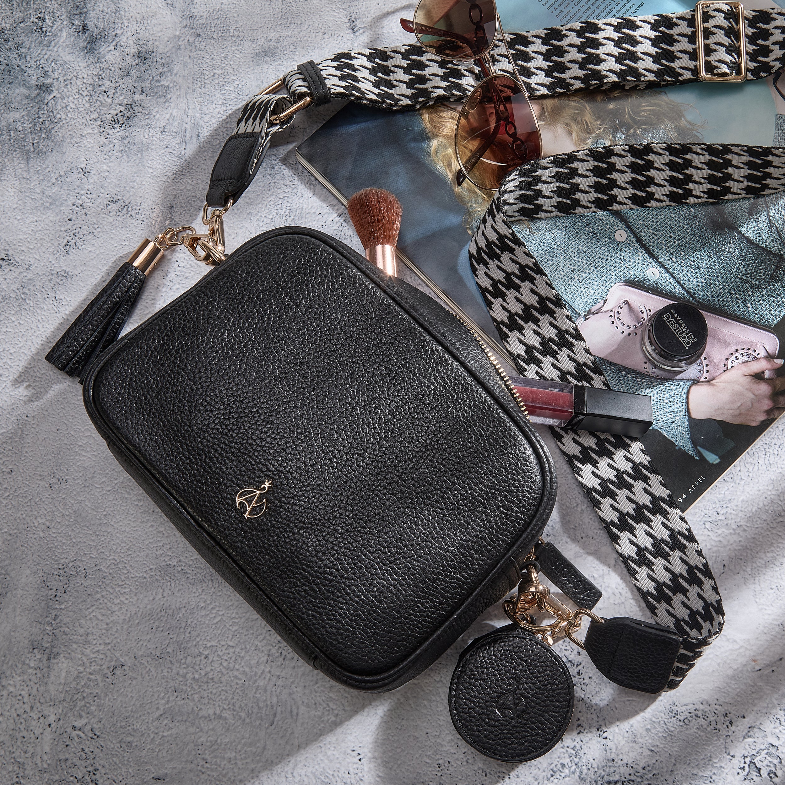 'KENT' Black Pebble Grain Real Leather Crossbody Bag