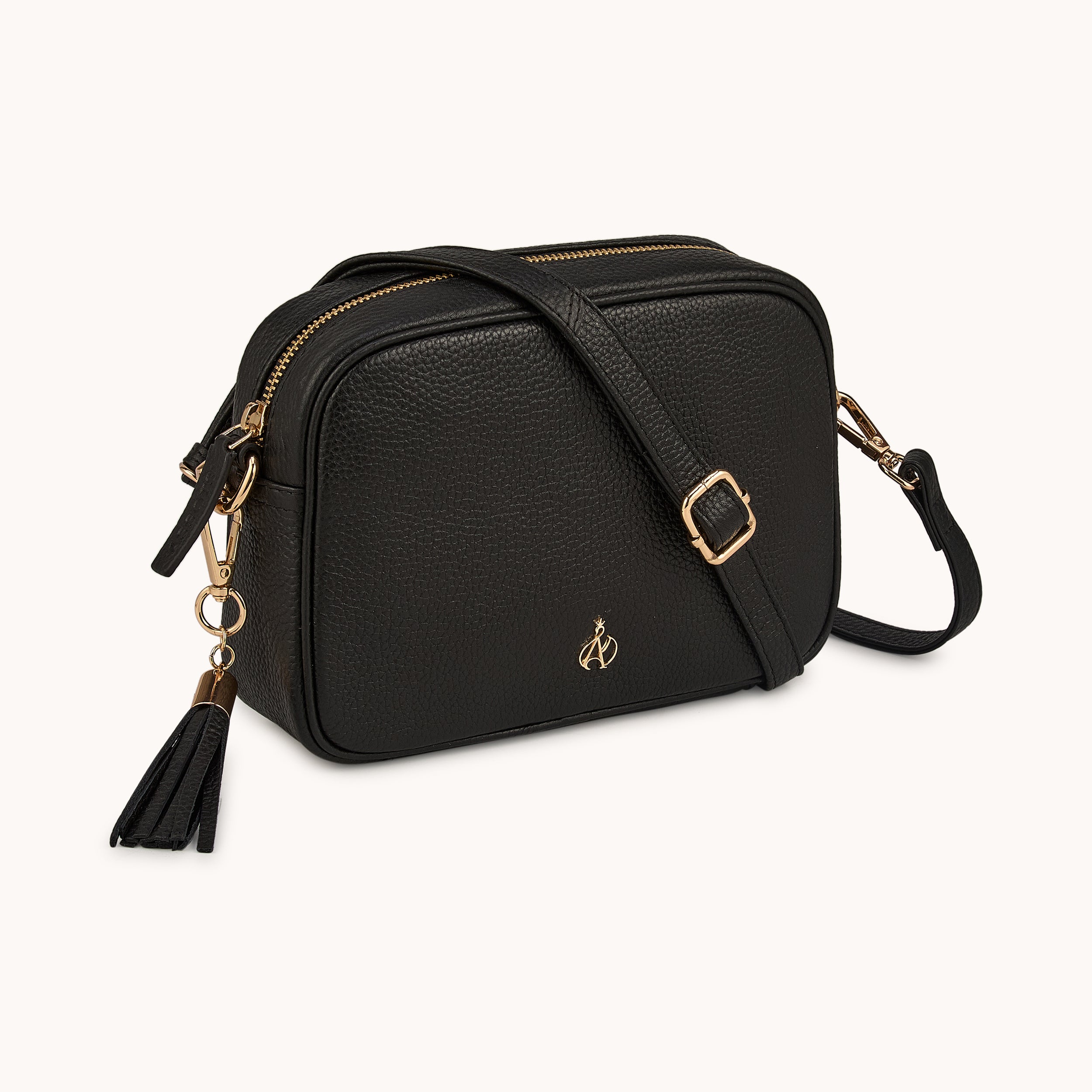 'KENT' Black Pebble Grain Real Leather Crossbody Bag