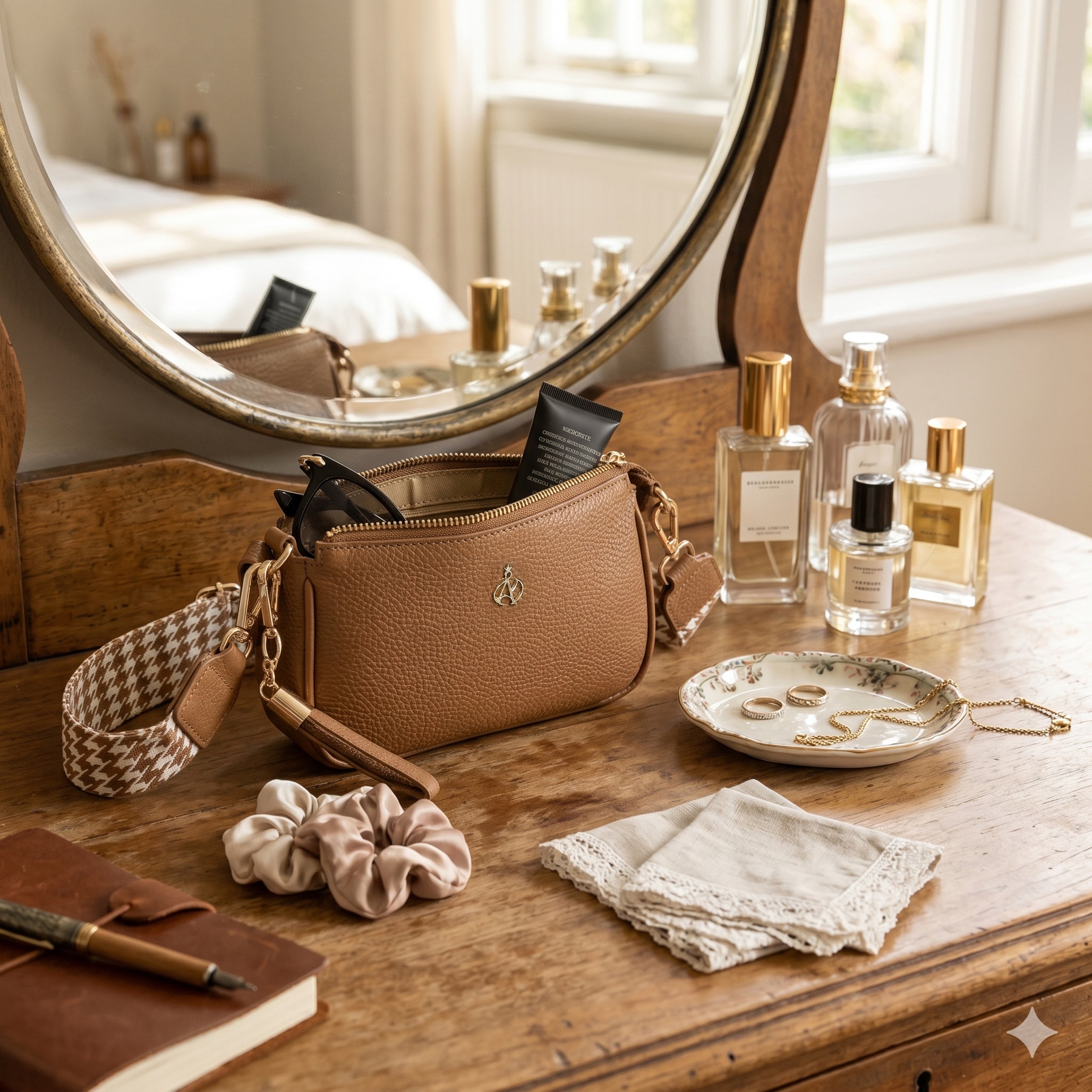 'ROSE' Tan Pebble Grain Real Leather Shoulder Bag