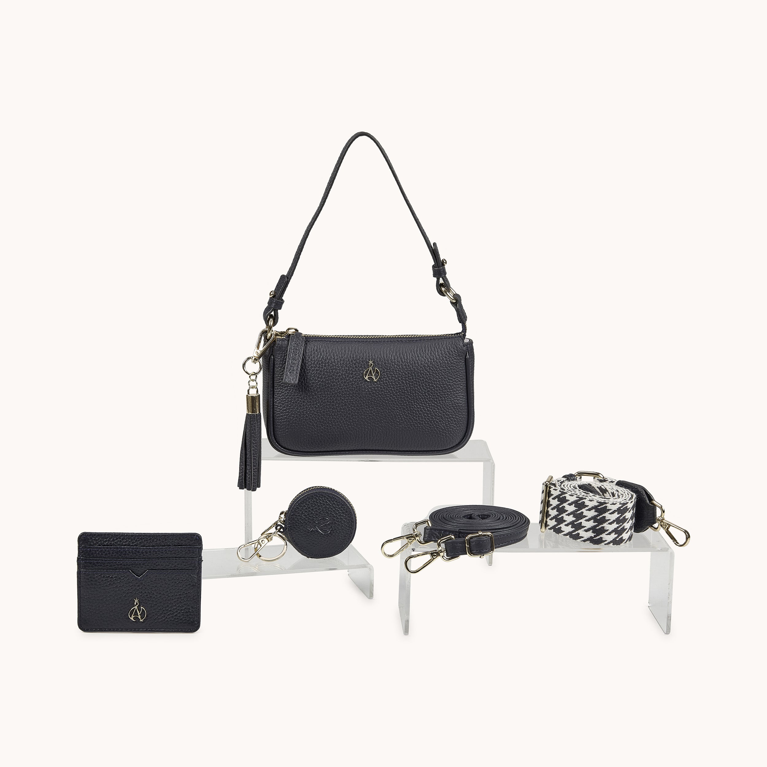 'ROSE' Navy Pebble Grain Real Leather Shoulder Bag