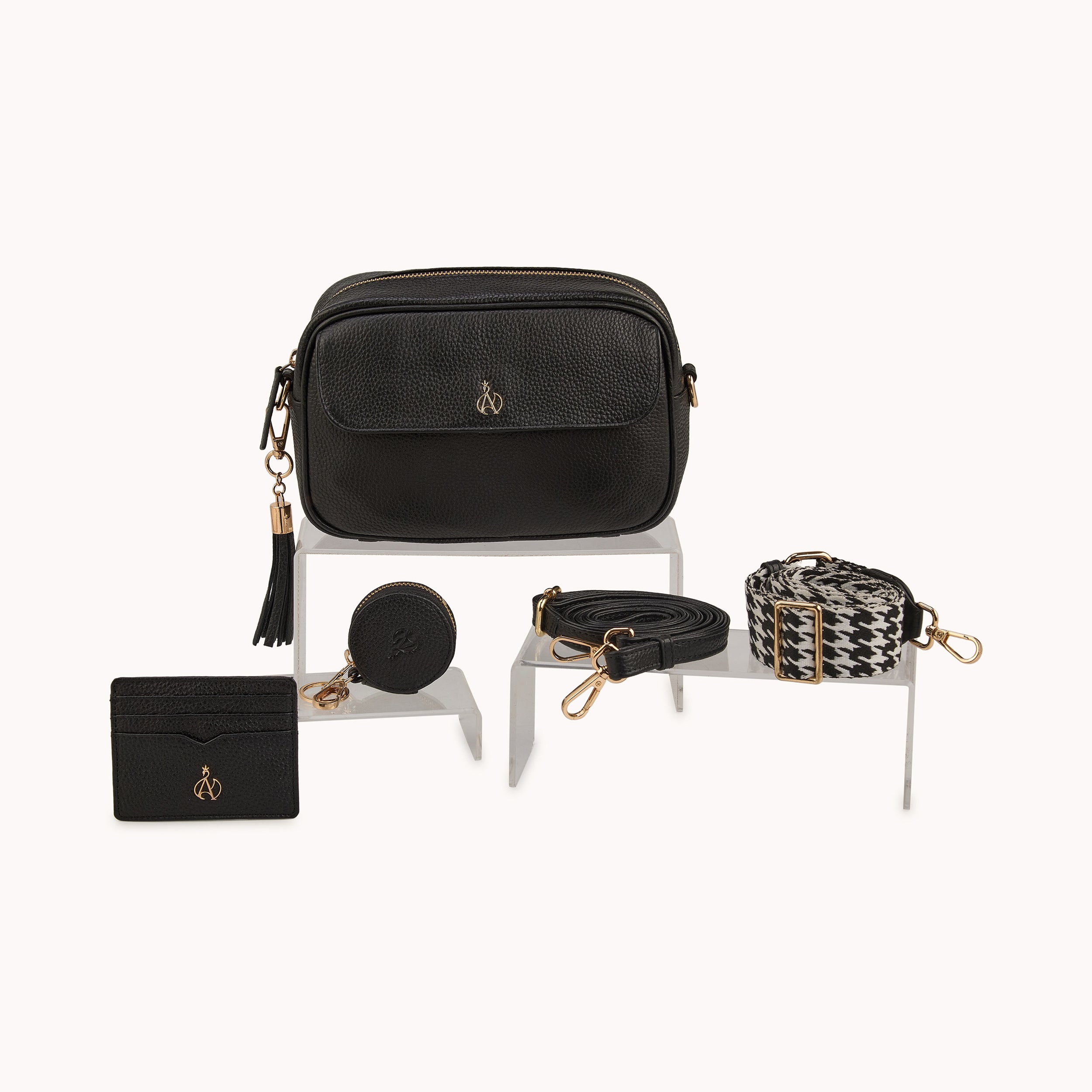 'HACKNEY' Black Pebble Grain Real Leather Crossbody Bag
