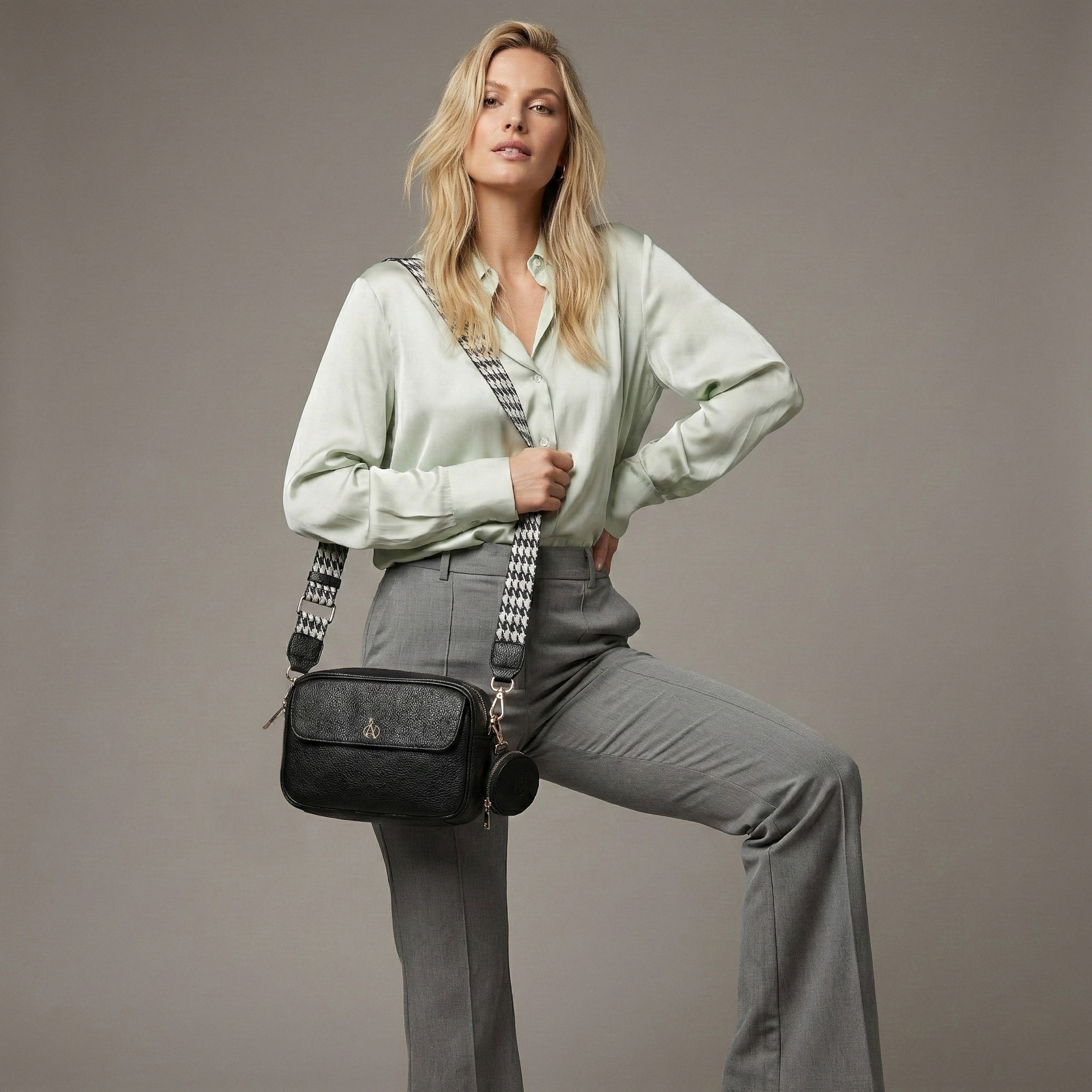 'HACKNEY' Black Pebble Grain Real Leather Crossbody Bag