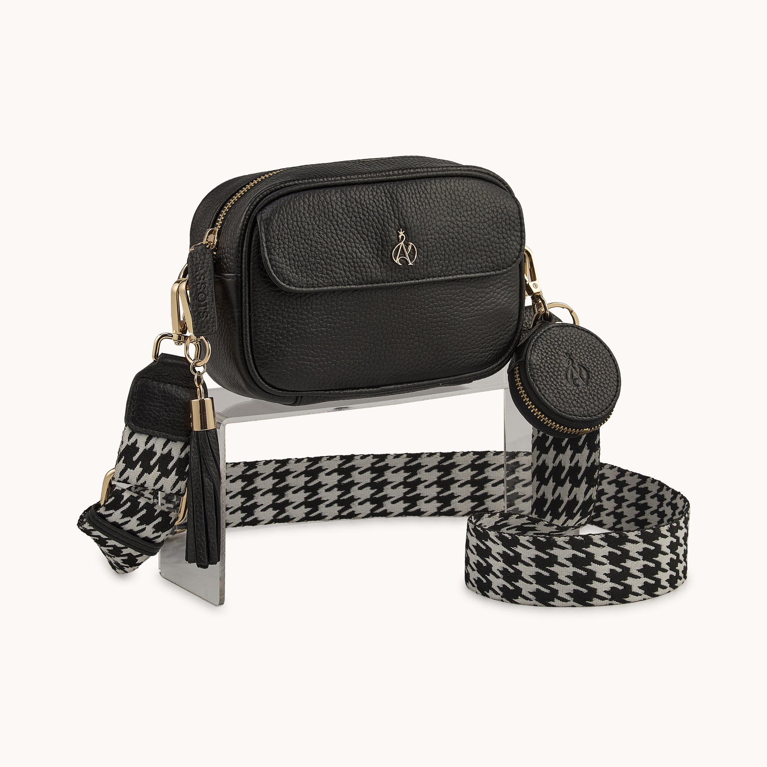 'HACKNEY MINI' Black Pebble Grain Real Leather Crossbody Bag