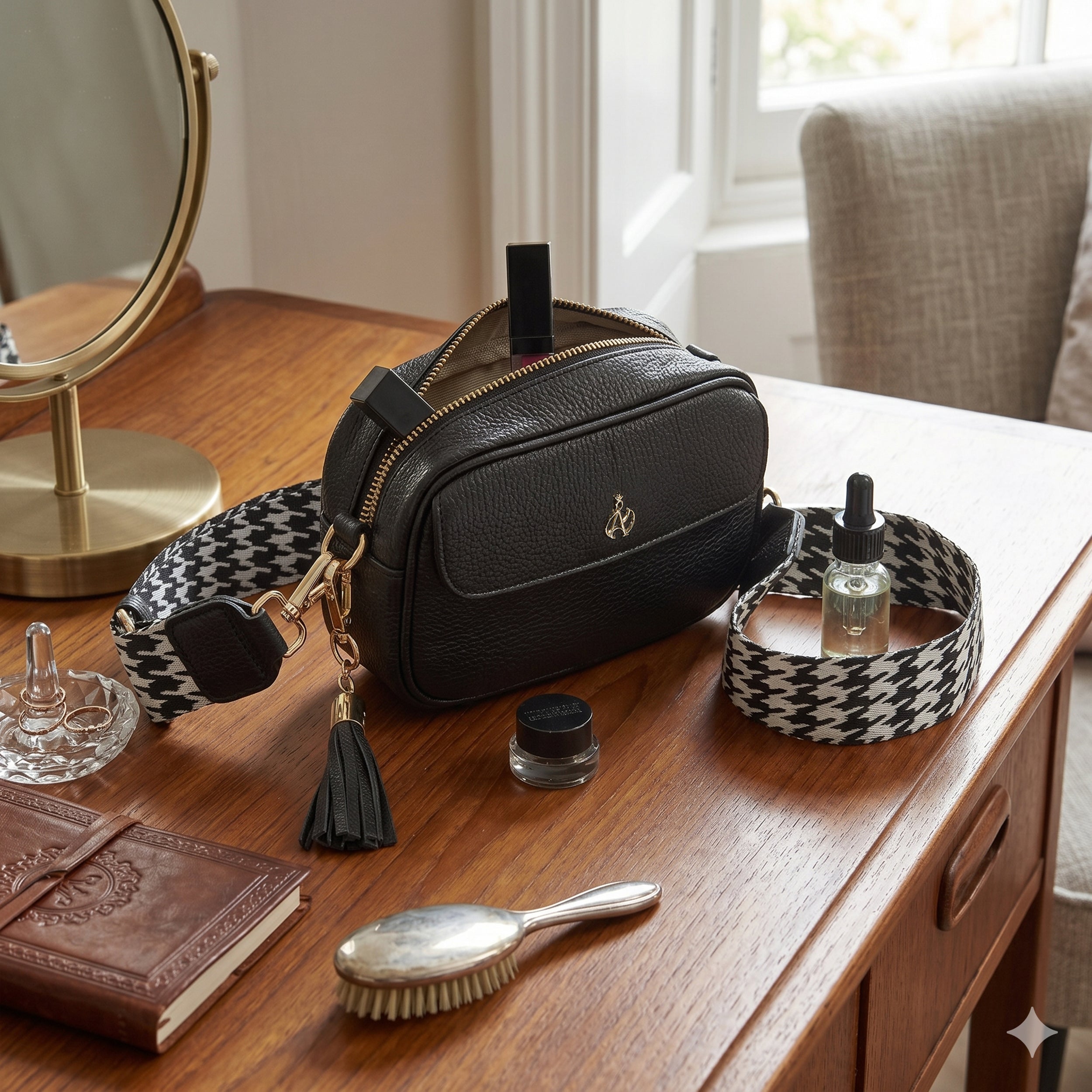 'HACKNEY MINI' Black Pebble Grain Real Leather Crossbody Bag