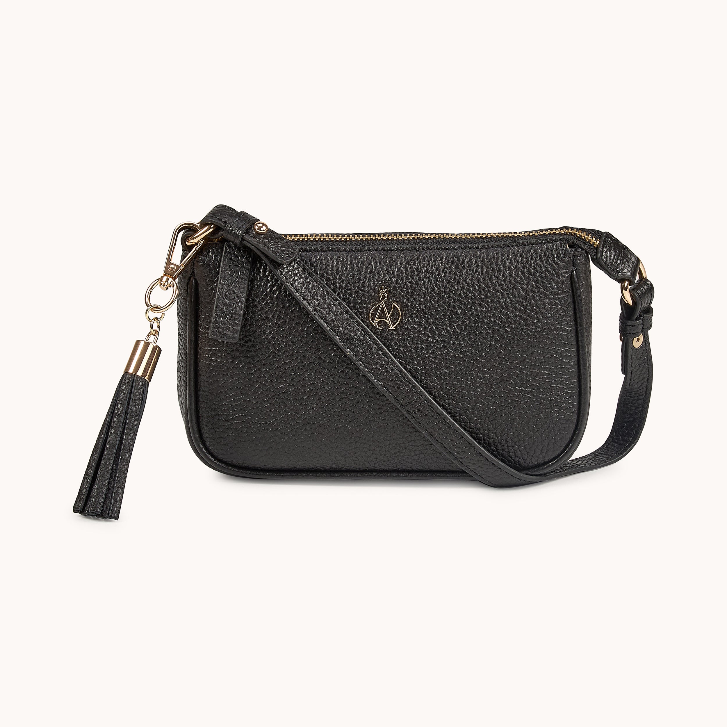 'ROSE' Black Pebble Grain Real Leather Shoulder Bag