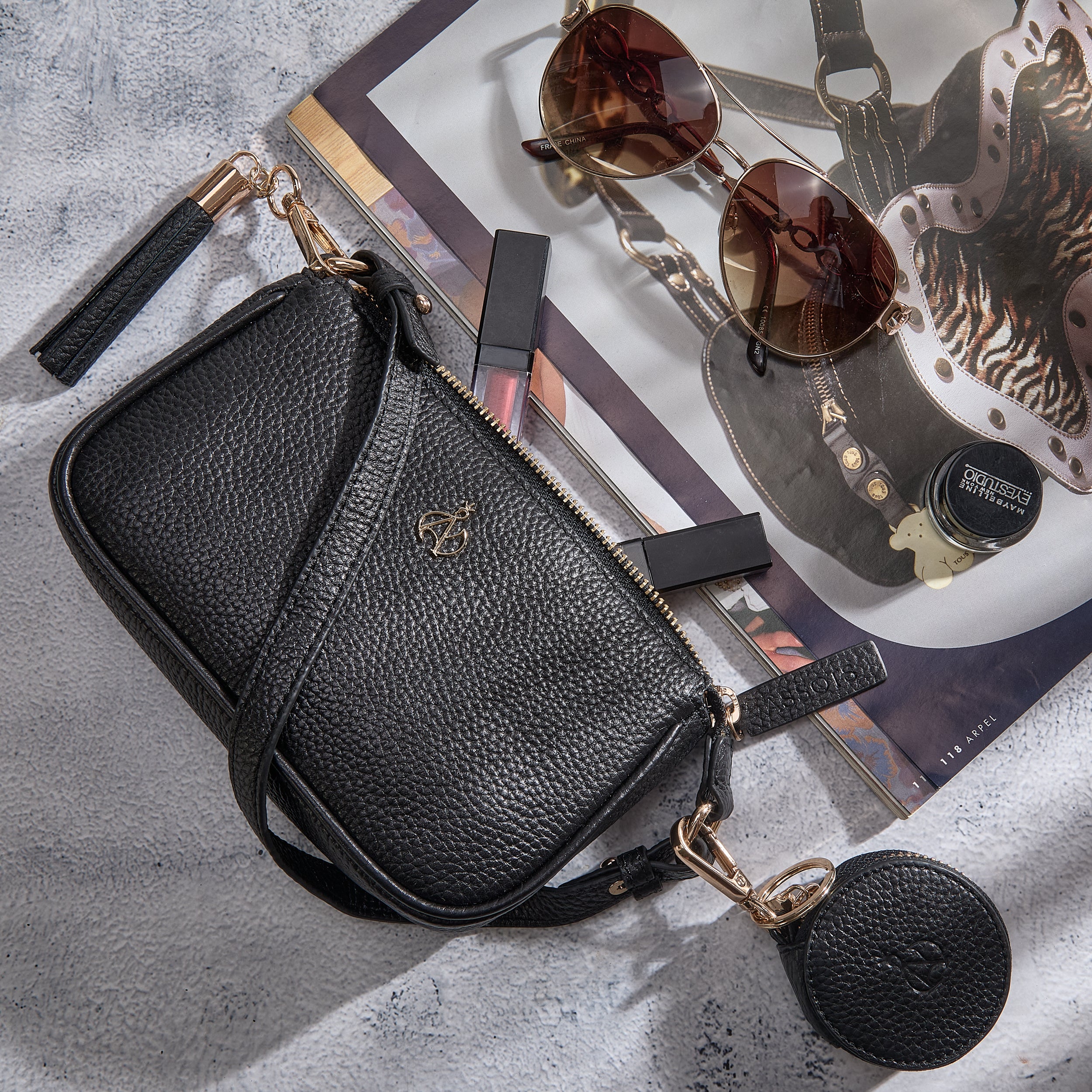'ROSE' Black Pebble Grain Real Leather Shoulder Bag