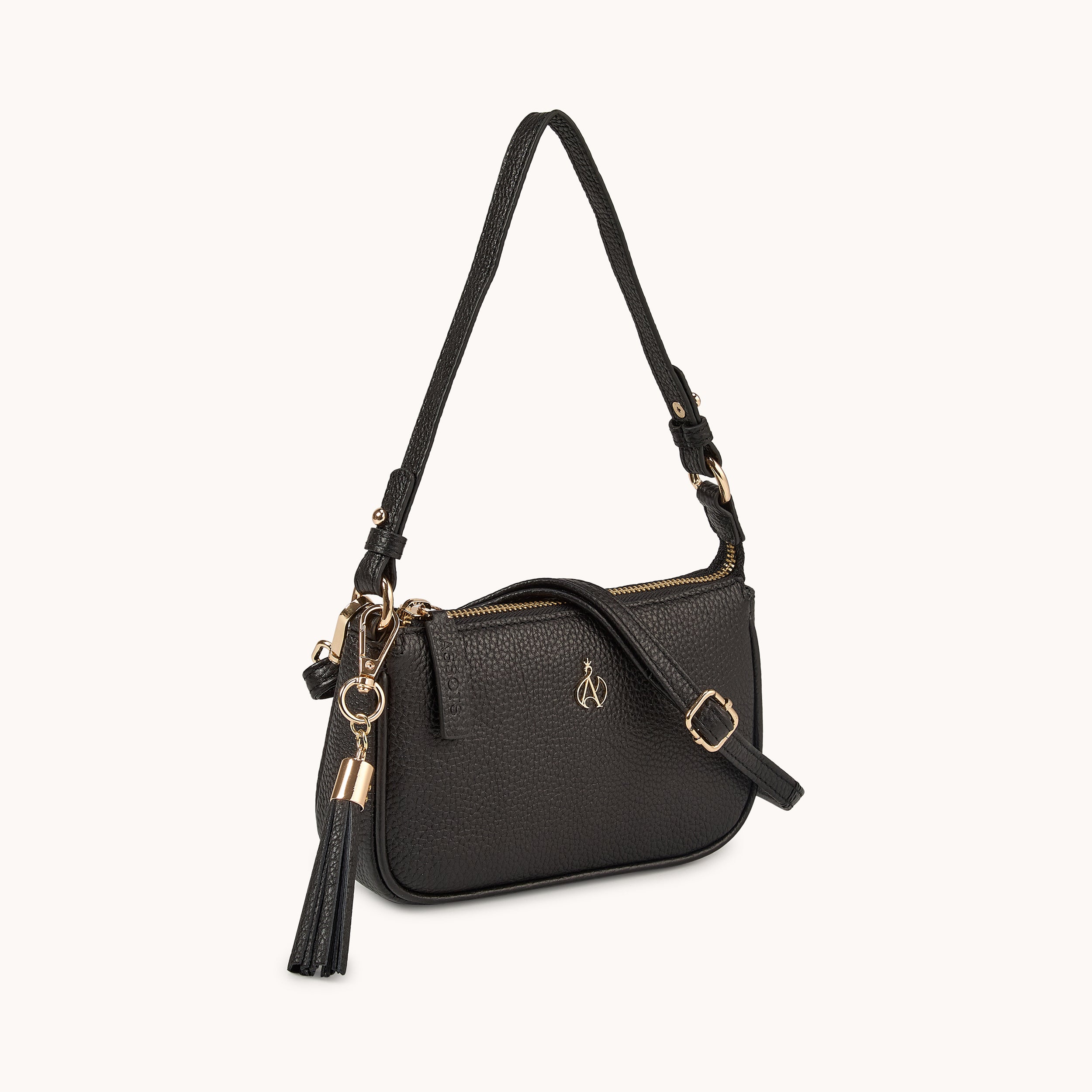'ROSE' Black Pebble Grain Real Leather Shoulder Bag