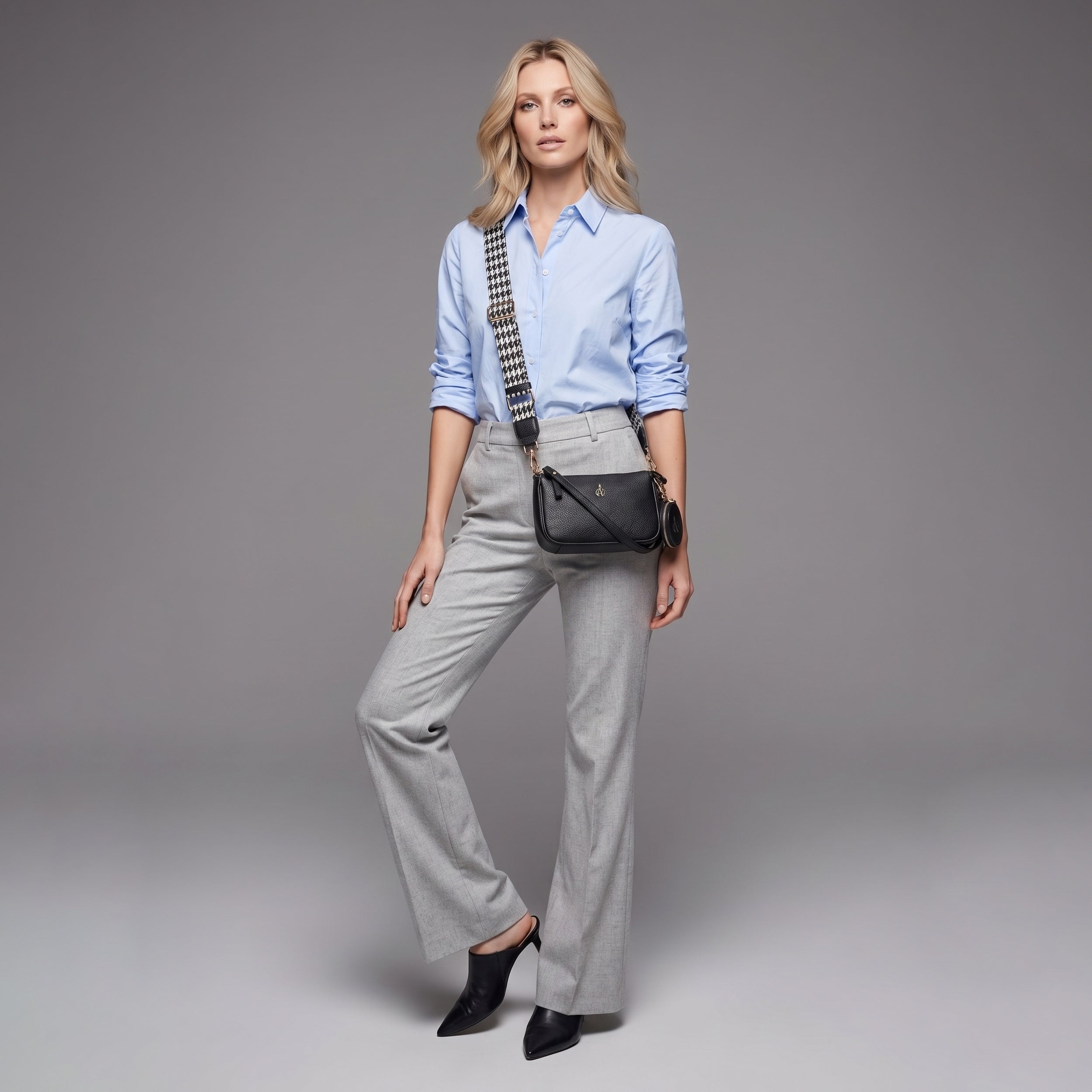 'ROSE' Black Pebble Grain Real Leather Shoulder Bag