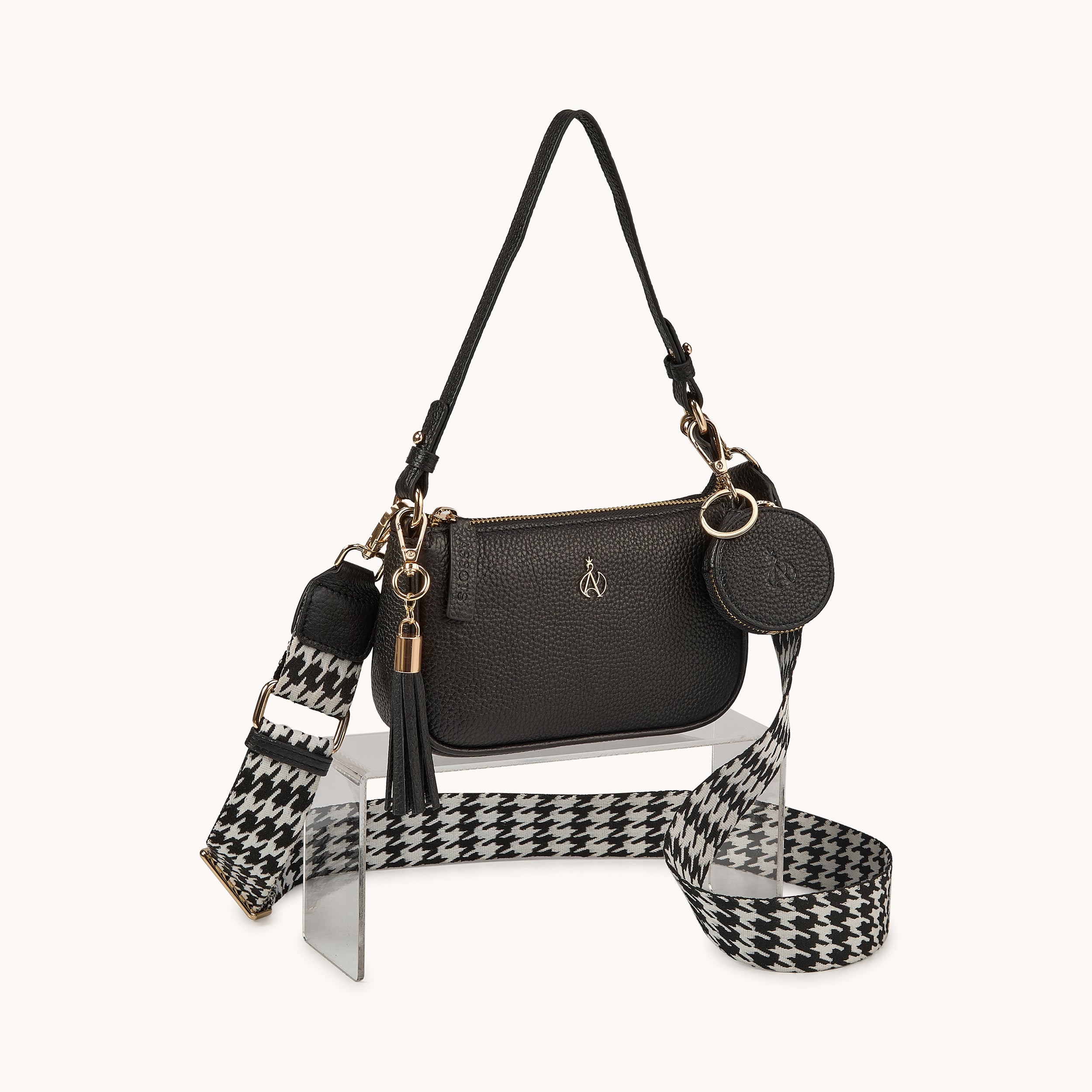 'ROSE' Black Pebble Grain Real Leather Shoulder Bag