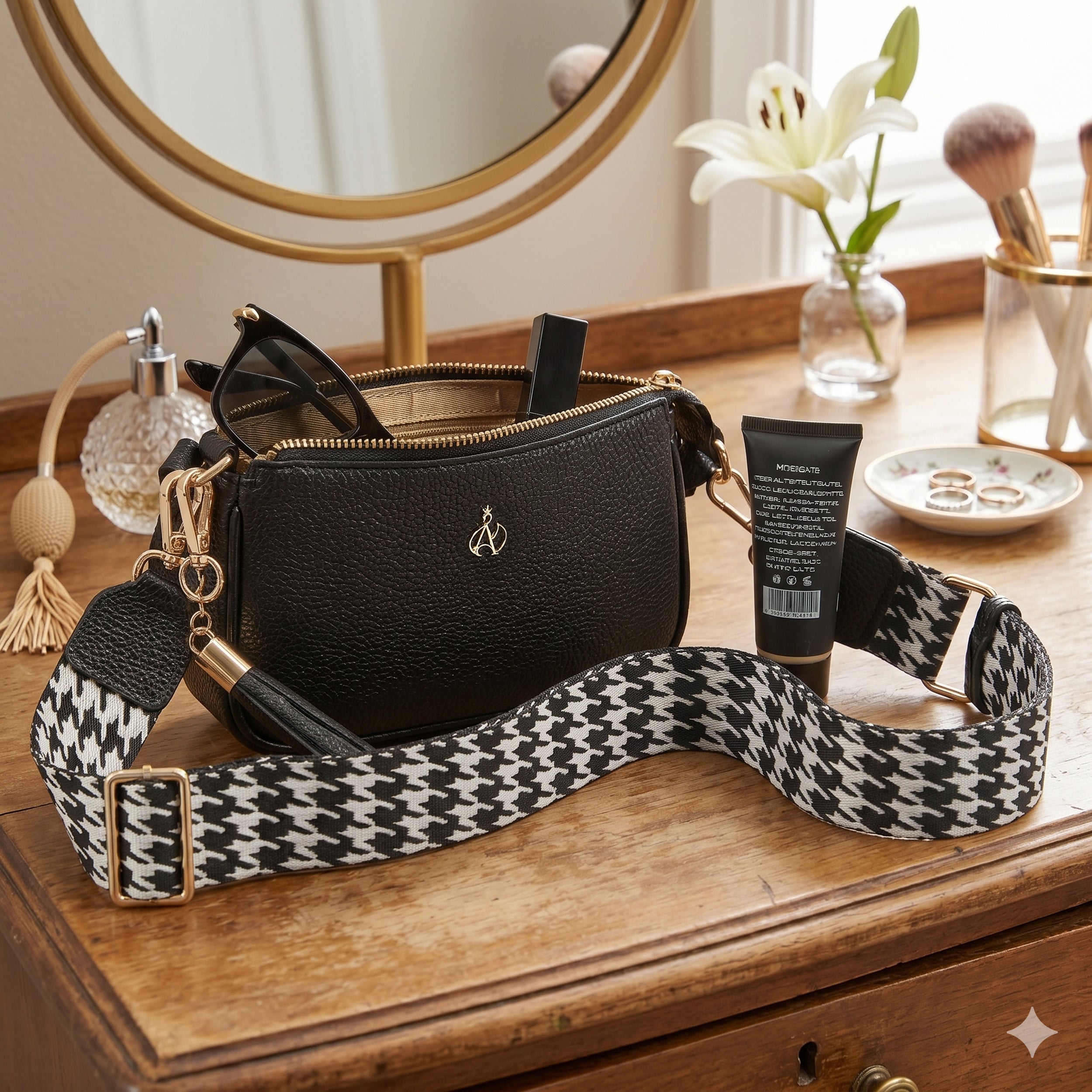 'ROSE' Black Pebble Grain Real Leather Shoulder Bag