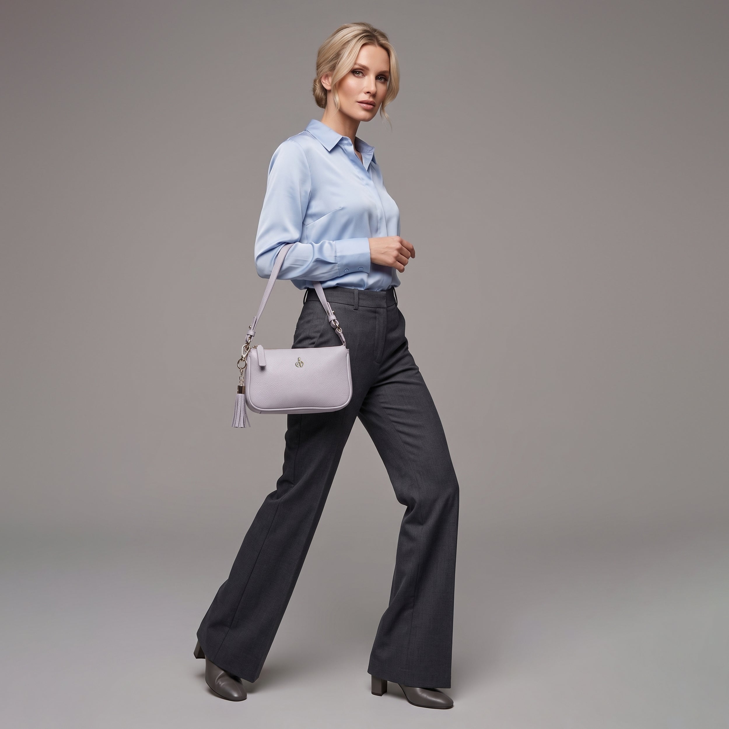 'ROSE' Lilac Pebble Grain Real Leather Shoulder Bag