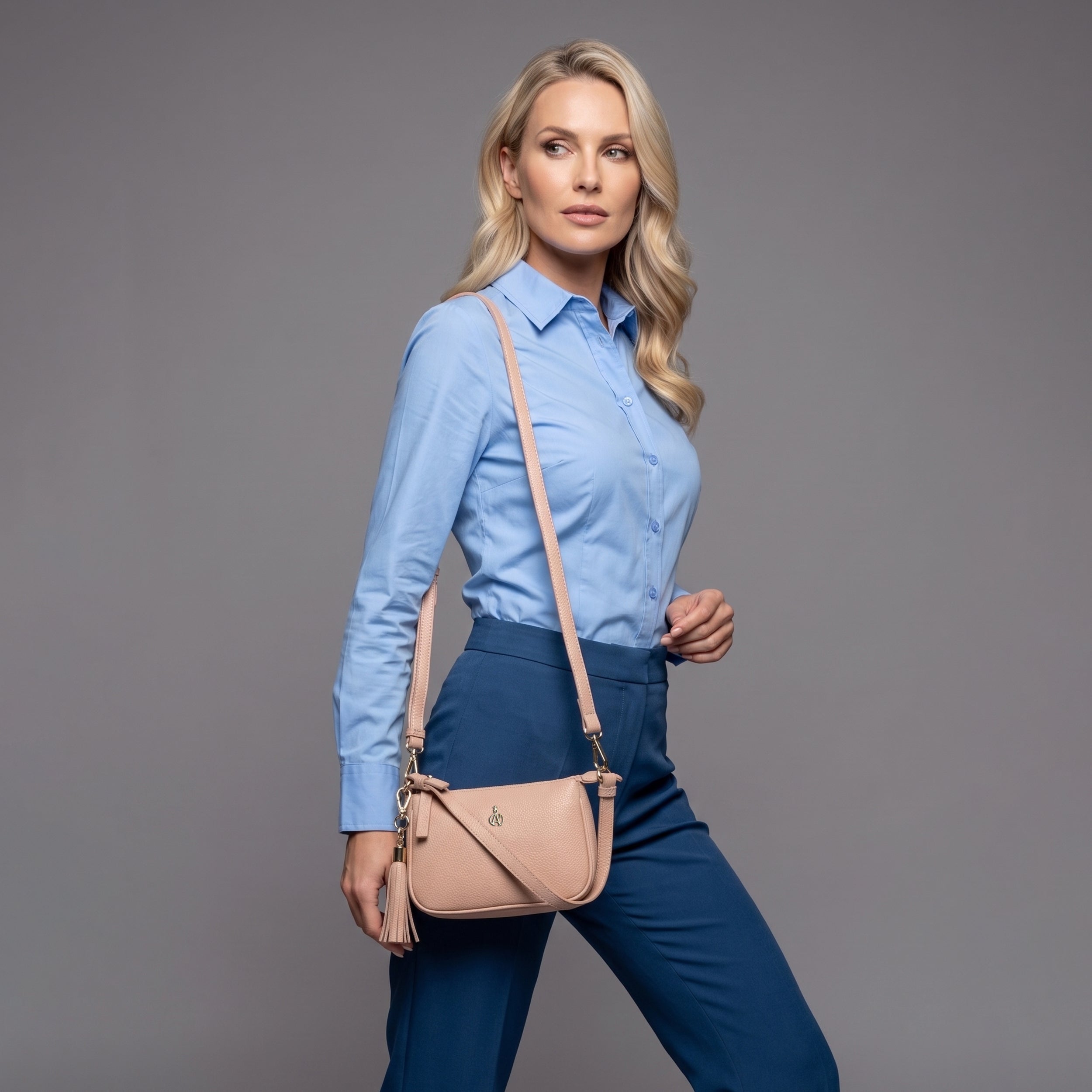 'ROSE' Peach Pebble Grain Real Leather Shoulder Bag
