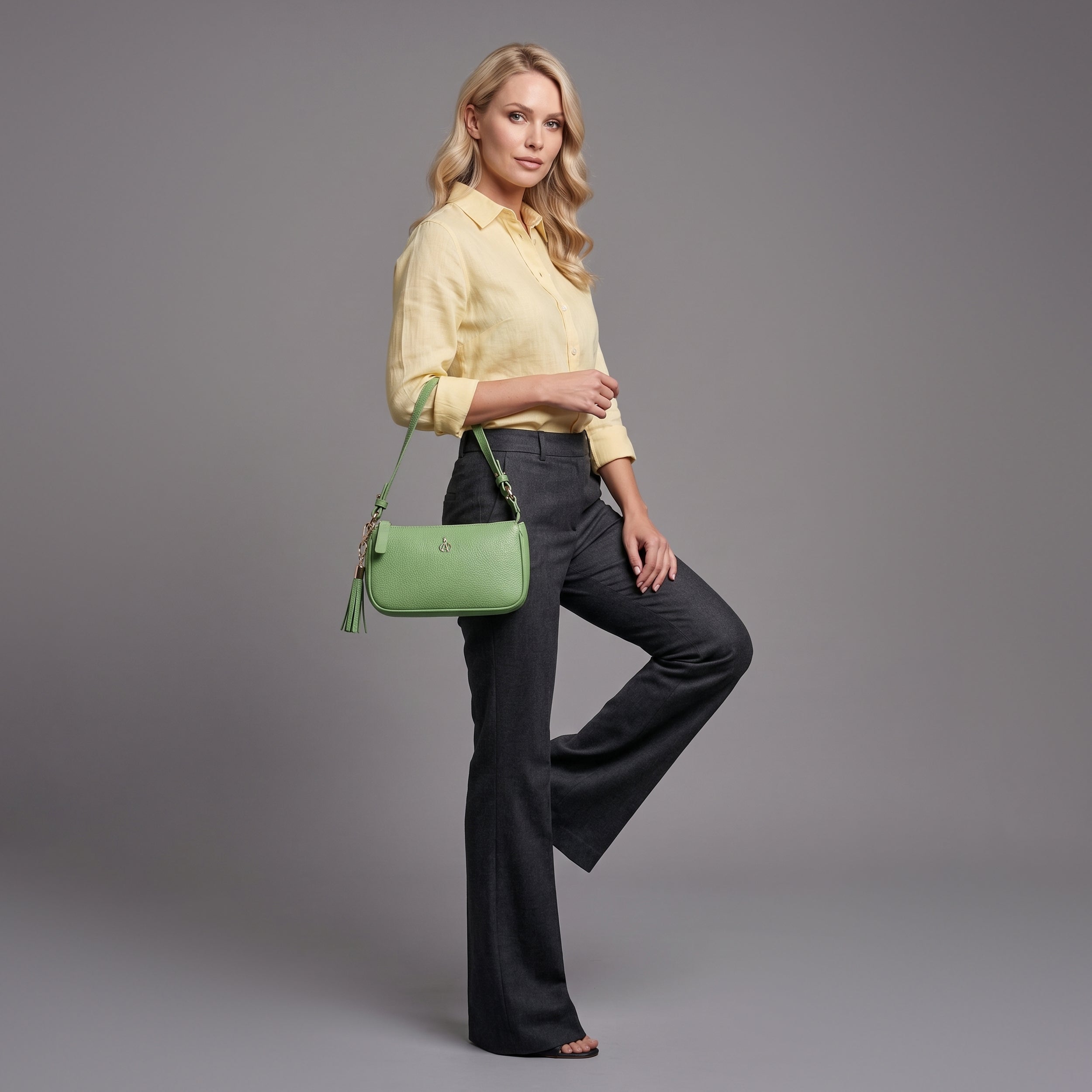 'ROSE' Matcha Green Pebble Grain Real Leather Shoulder Bag