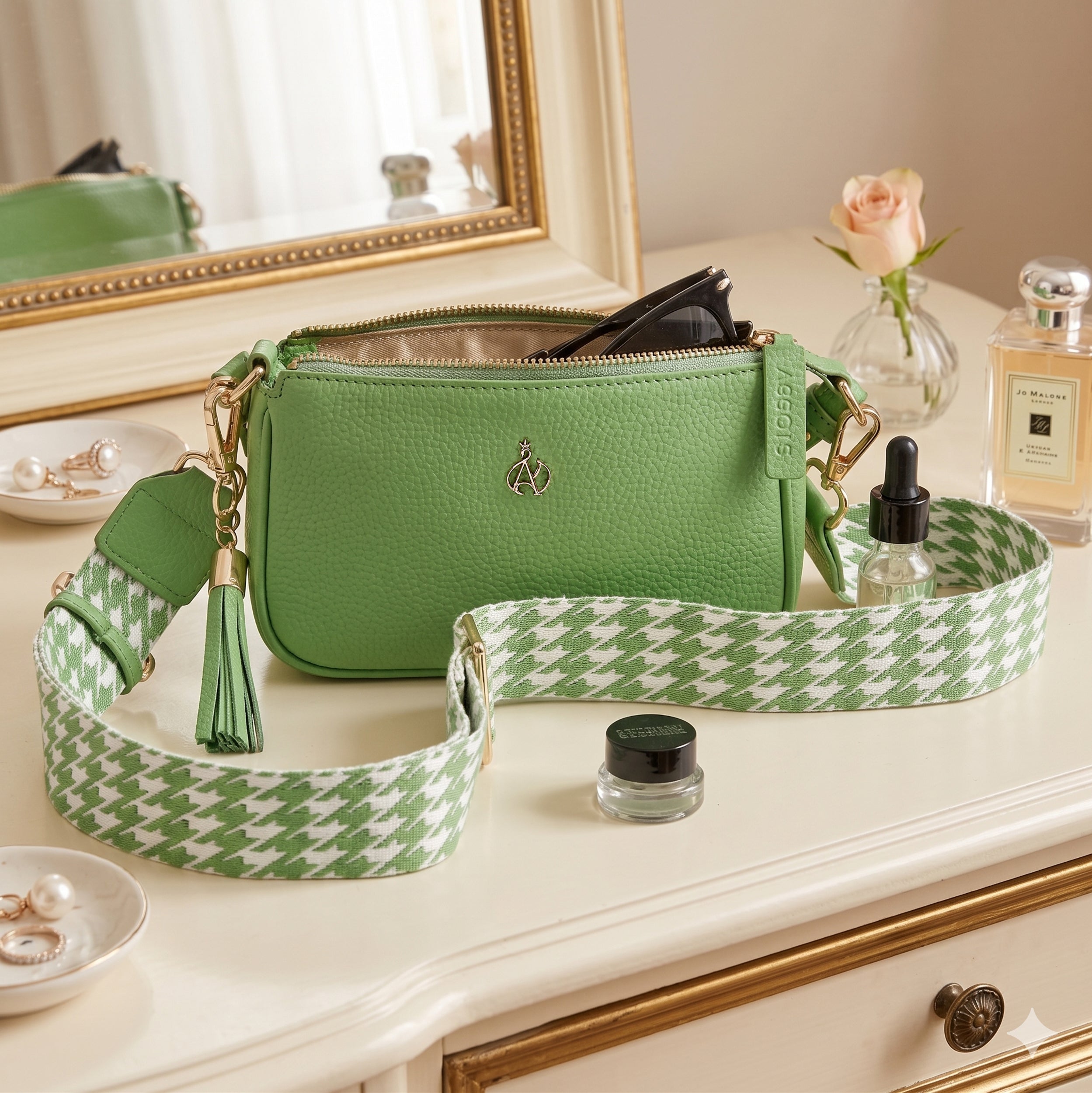 'ROSE' Matcha Green Pebble Grain Real Leather Shoulder Bag