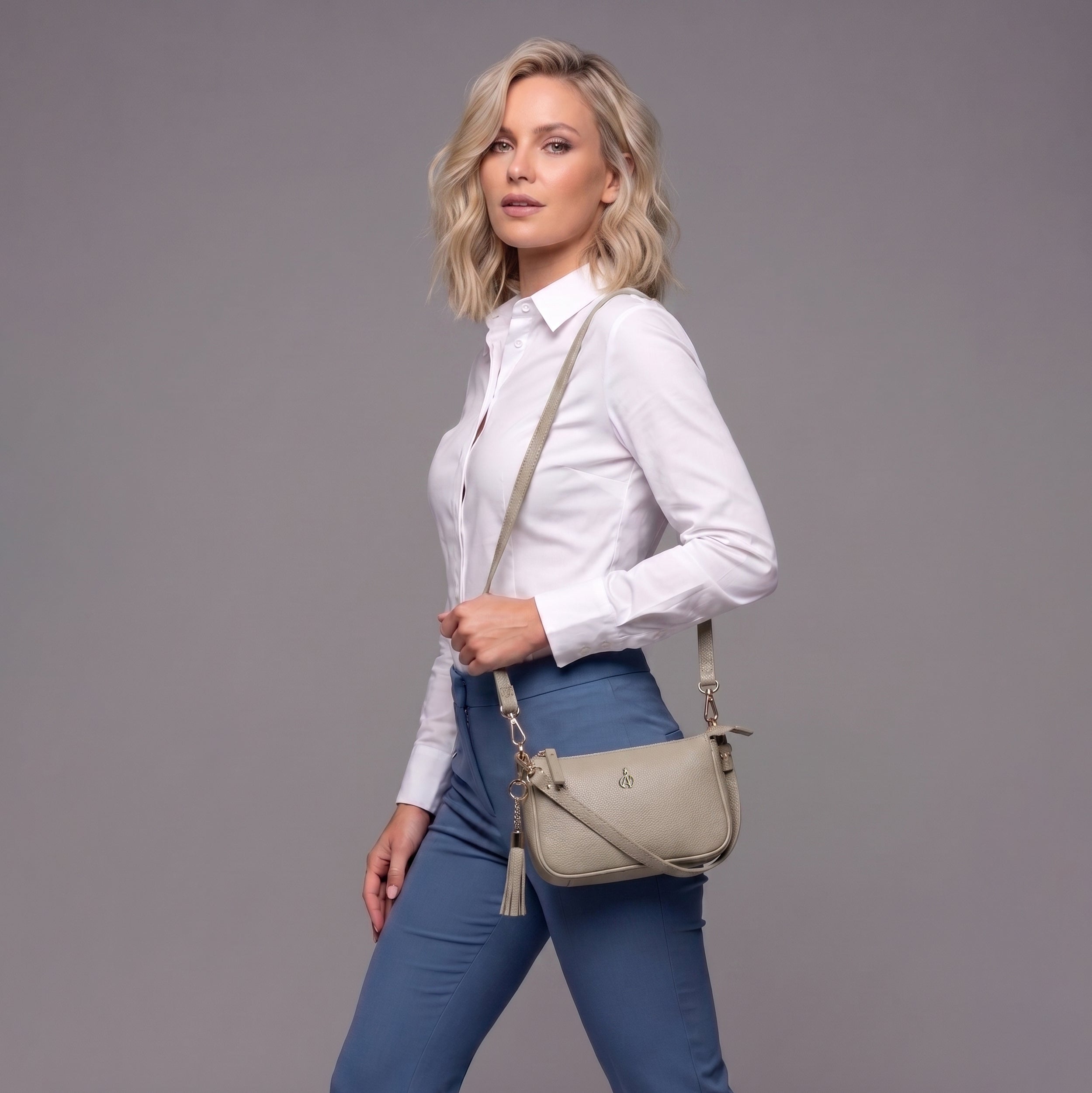 'ROSE' Fog Grey Pebble Grain Real Leather Shoulder Bag