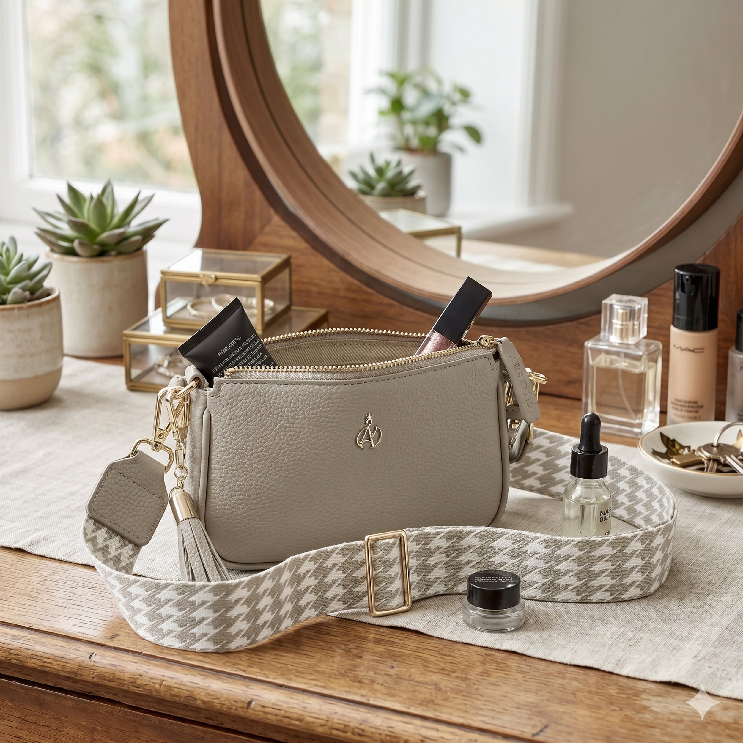 'ROSE' Fog Grey Pebble Grain Real Leather Shoulder Bag
