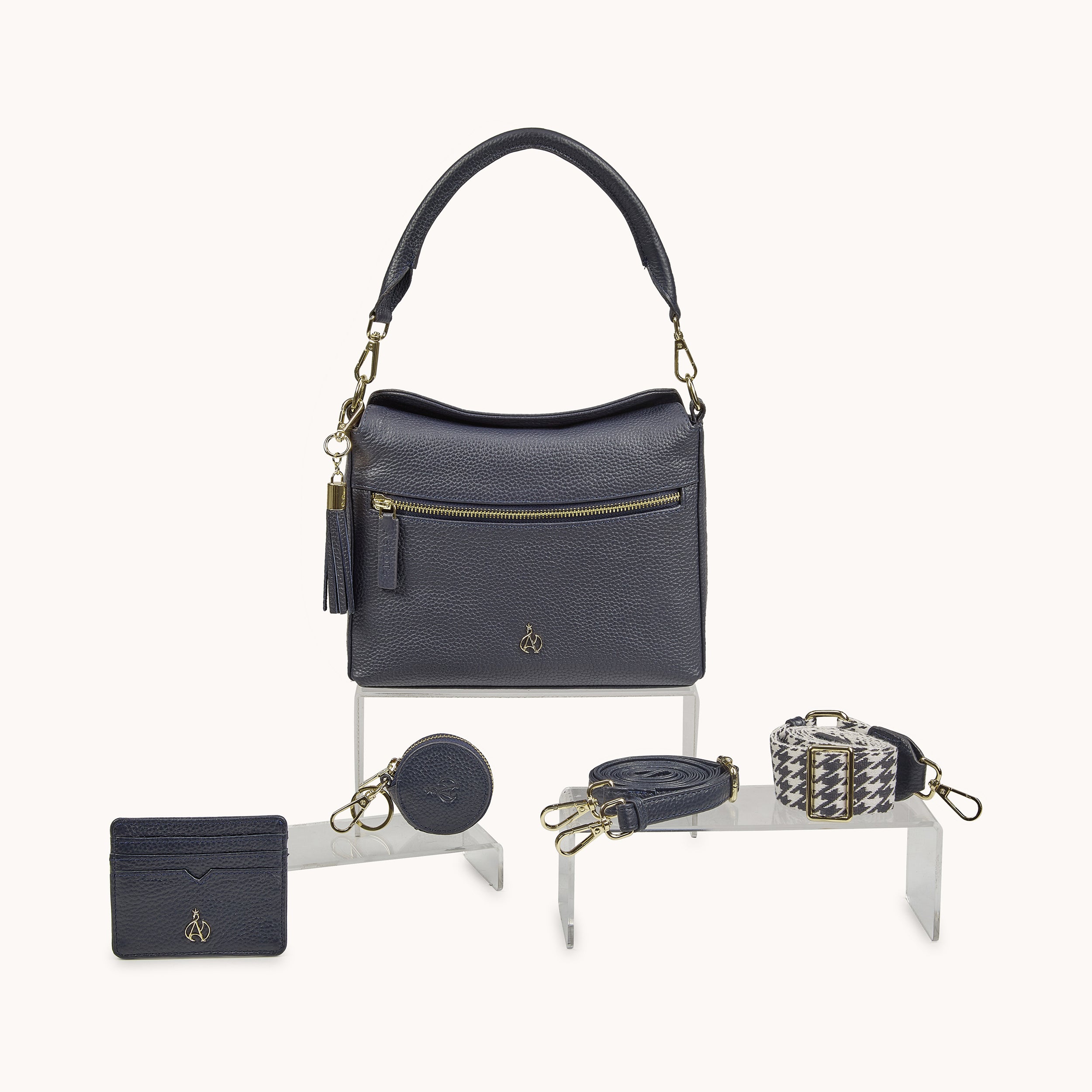 'FIONA' Navy Pebble Grain Real Leather Shoulder Bag