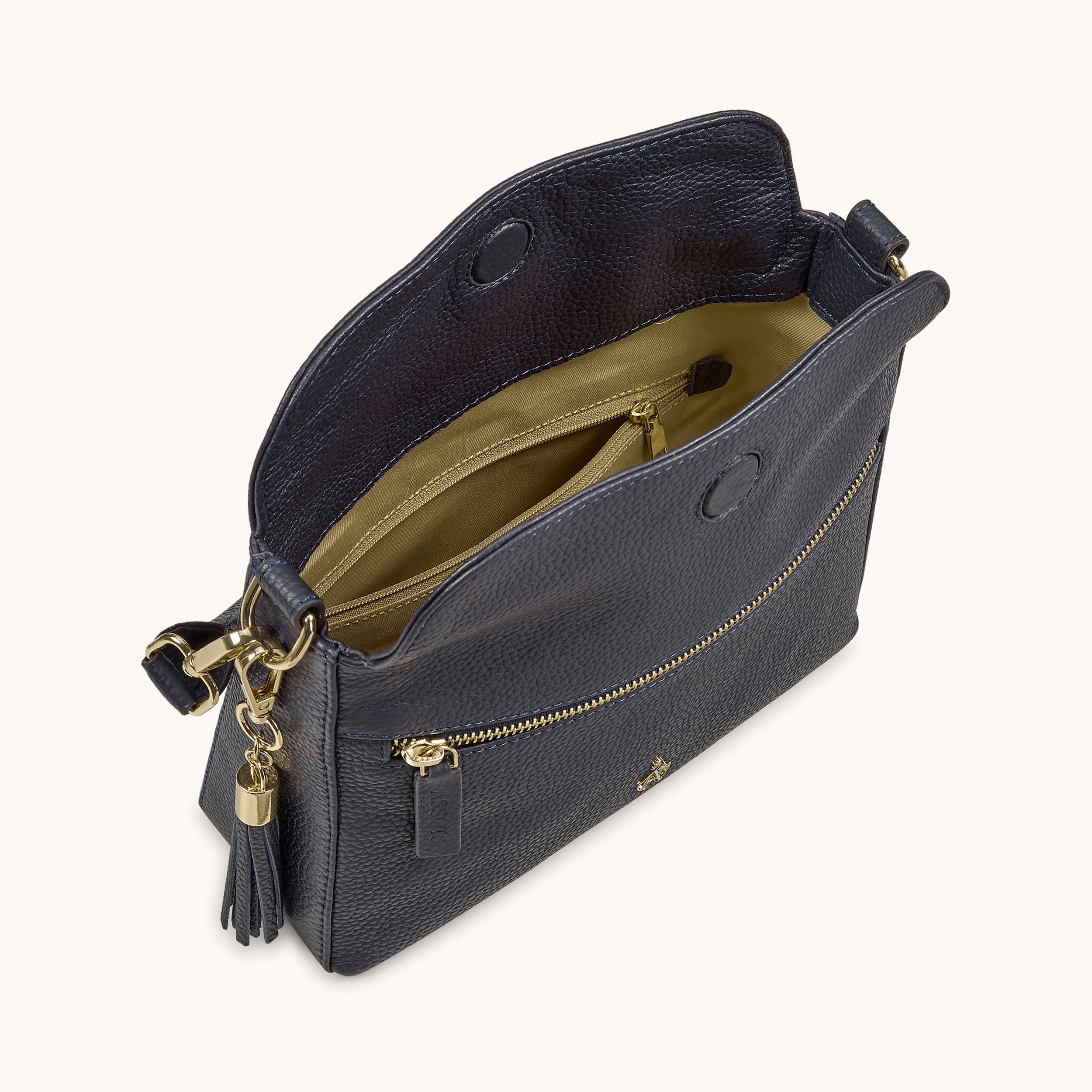 'FIONA' Navy Pebble Grain Real Leather Shoulder Bag