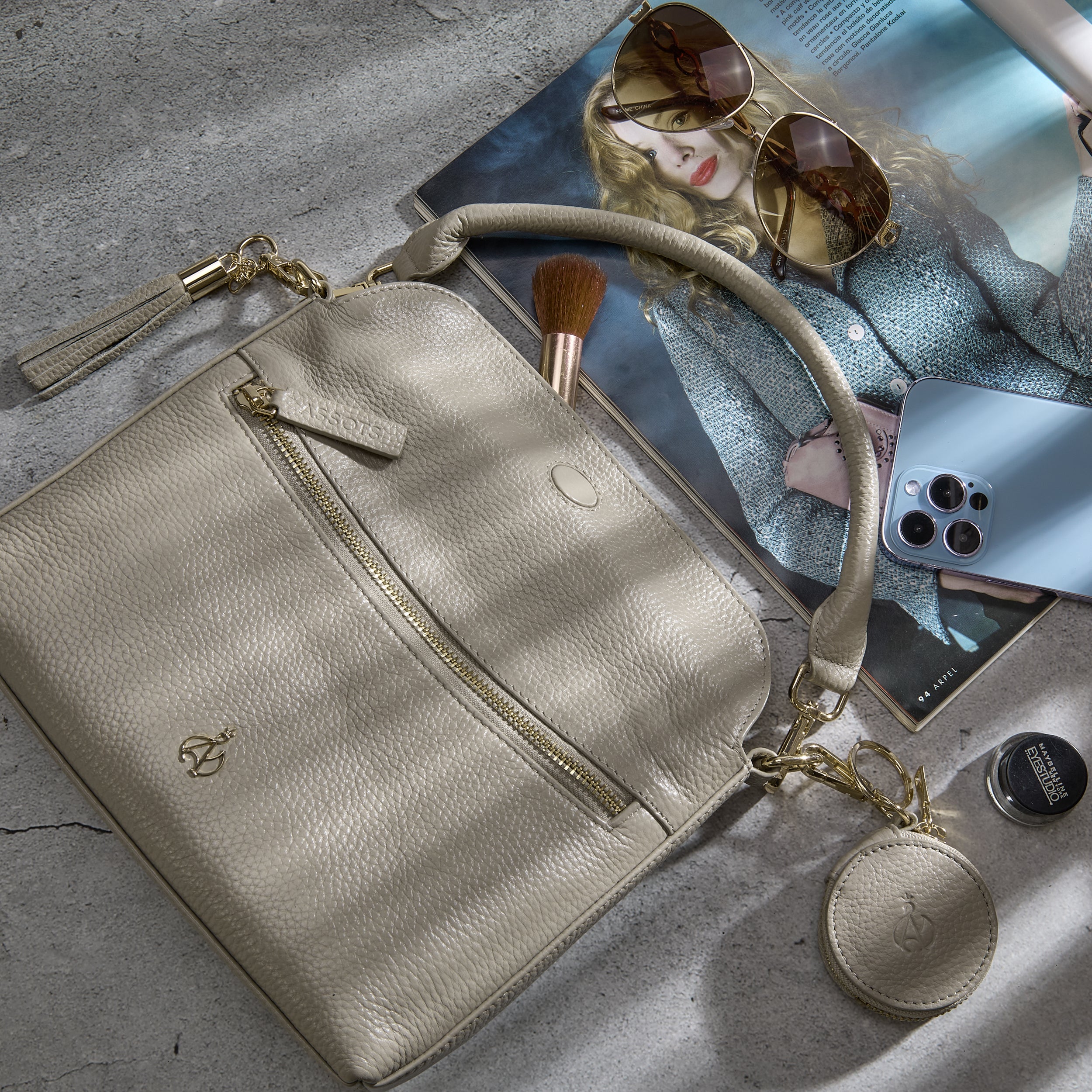 'FIONA' Fog Grey Pebble Grain Real Leather Shoulder Bag