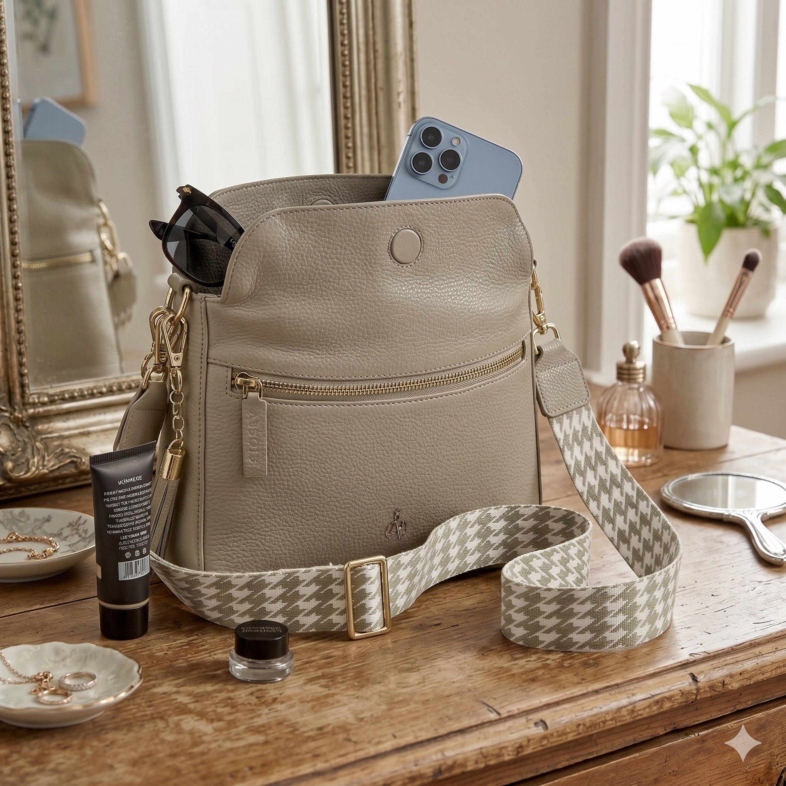 'FIONA' Fog Grey Pebble Grain Real Leather Shoulder Bag