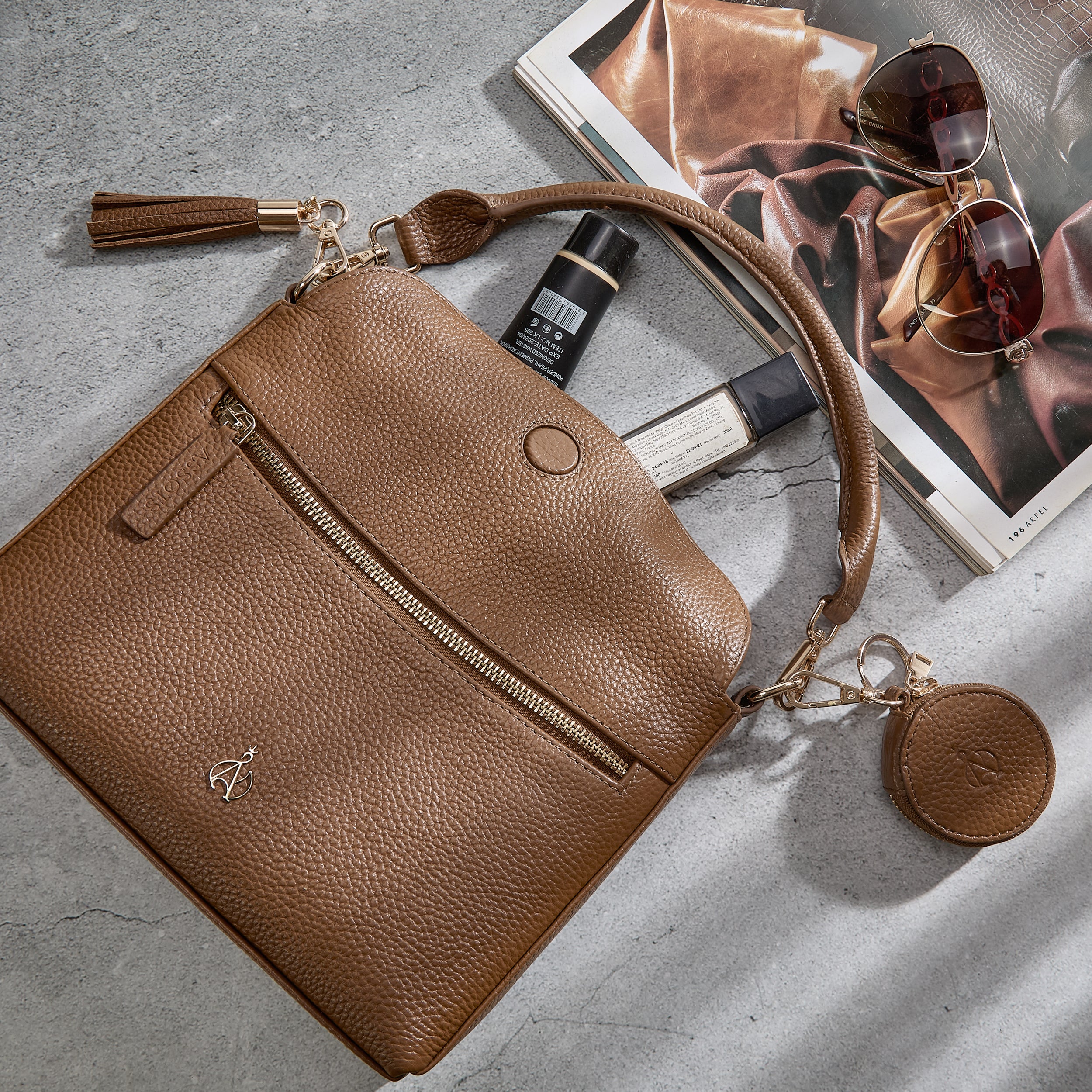 'FIONA' Tan Pebble Grain Real Leather Shoulder Bag
