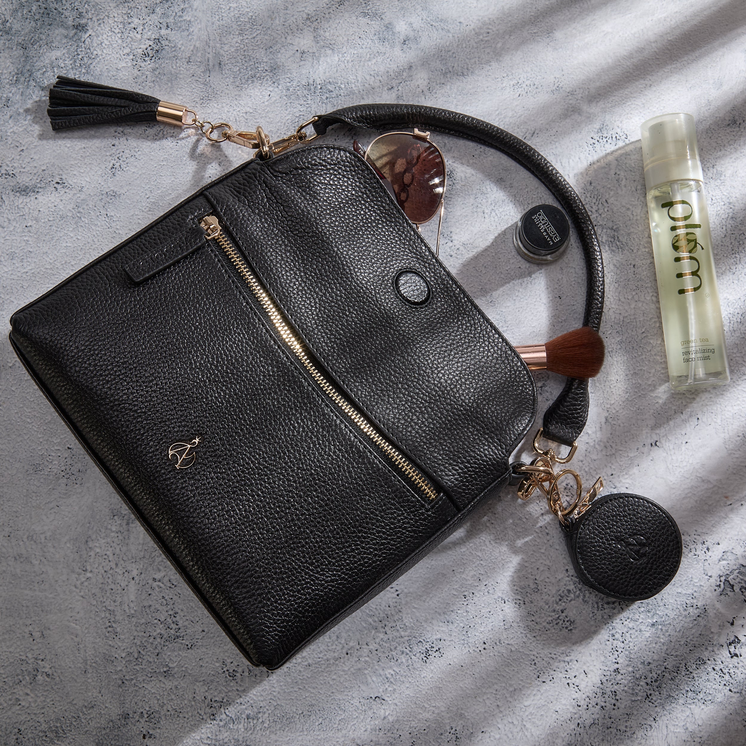 'FIONA' Black Pebble Grain Real Leather Shoulder Bag