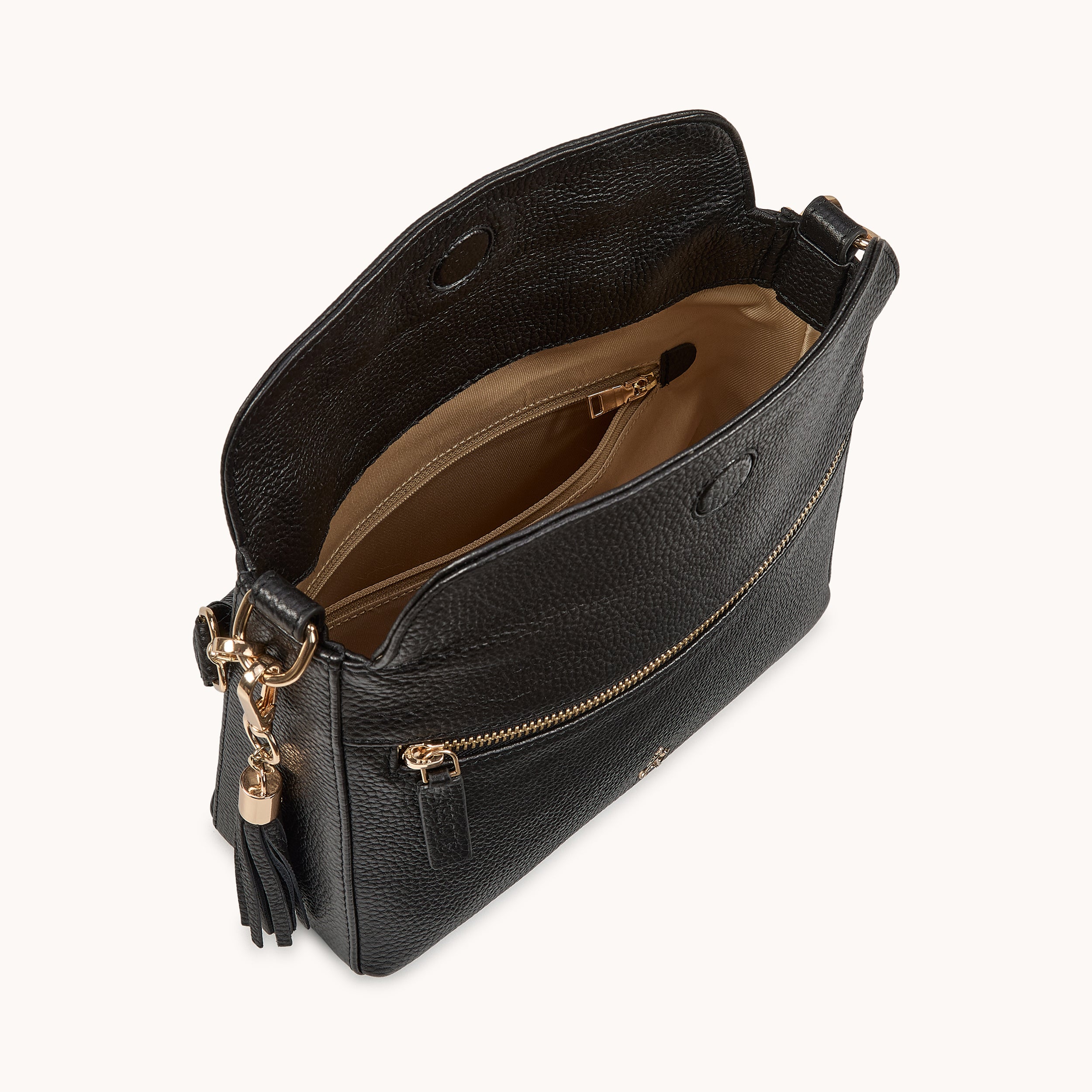 'FIONA' Black Pebble Grain Real Leather Shoulder Bag