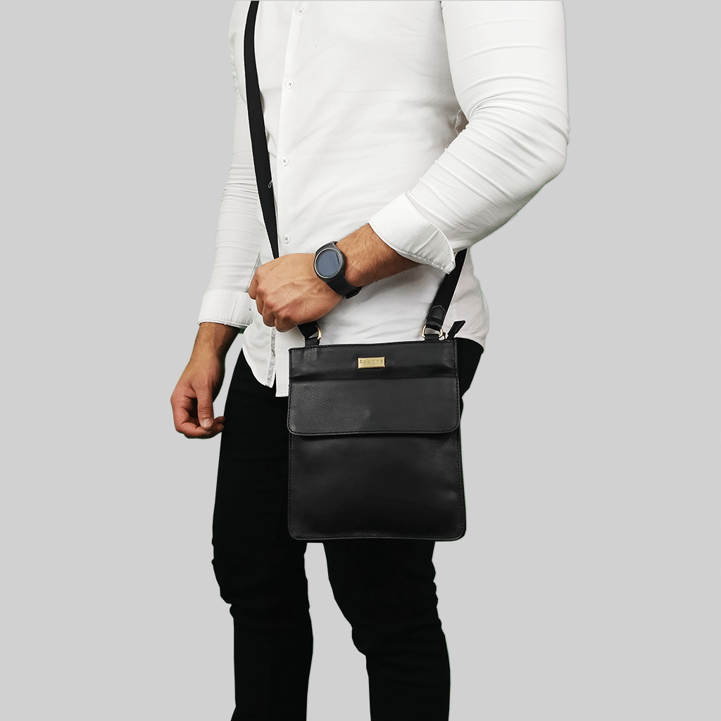 'BRYN' Black Nappa Pebble Grain Leather Crossbody Bag