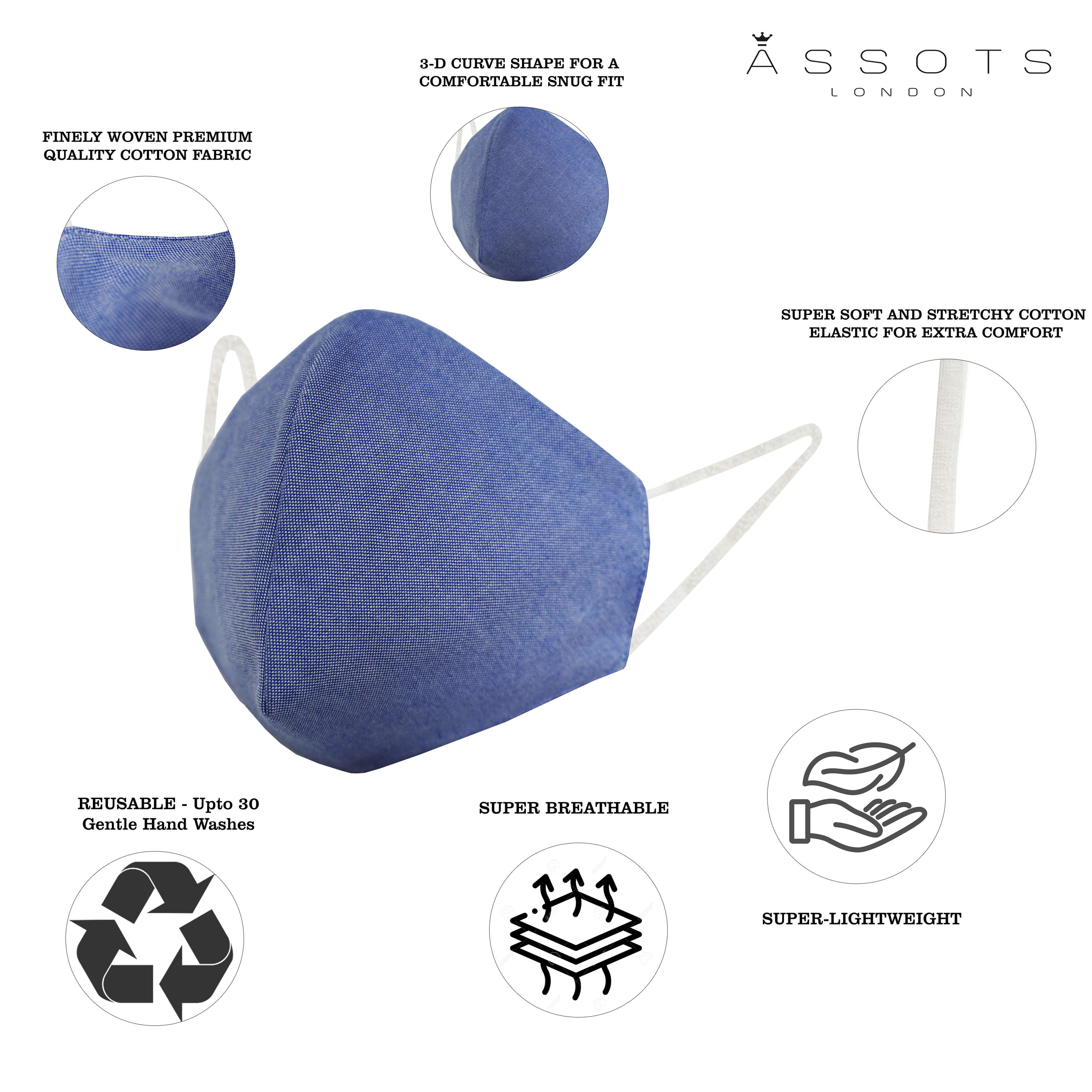 Pack of 3 Pure Cotton 4-layer Protective Premium Unisex Washable Blue Face Mask