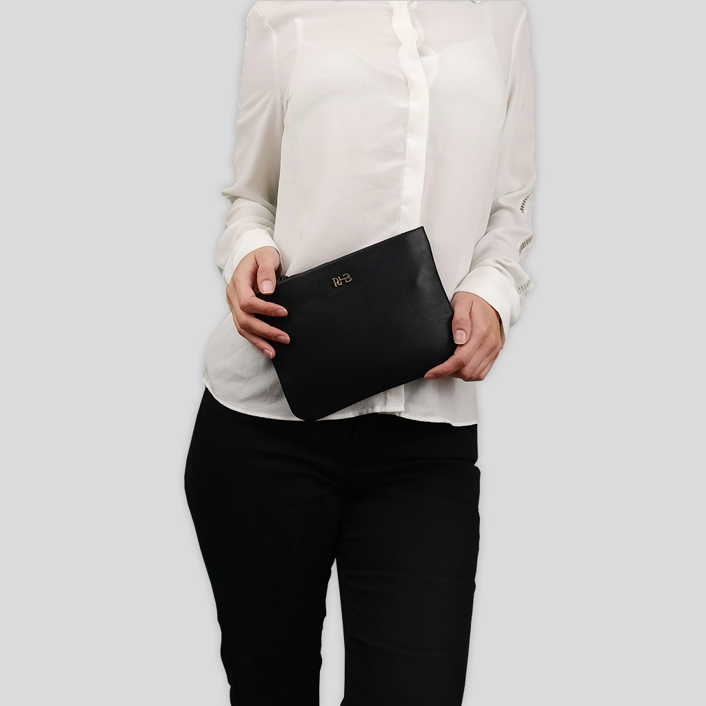 'SOPHIA' Black Pebble Grain Zip Top Leather Crossbody Bag