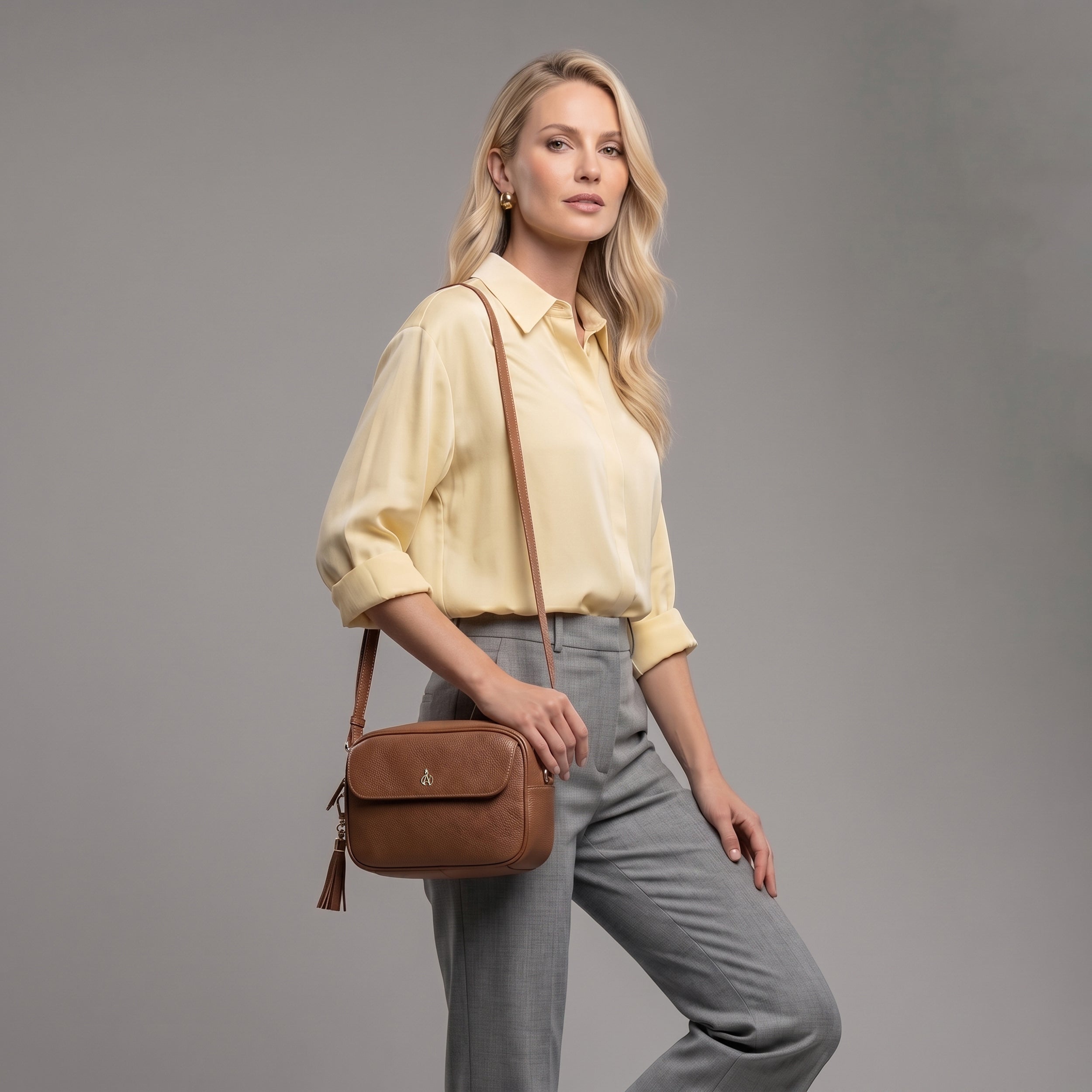 'HACKNEY' Tan Pebble Grain Real Leather Crossbody Bag