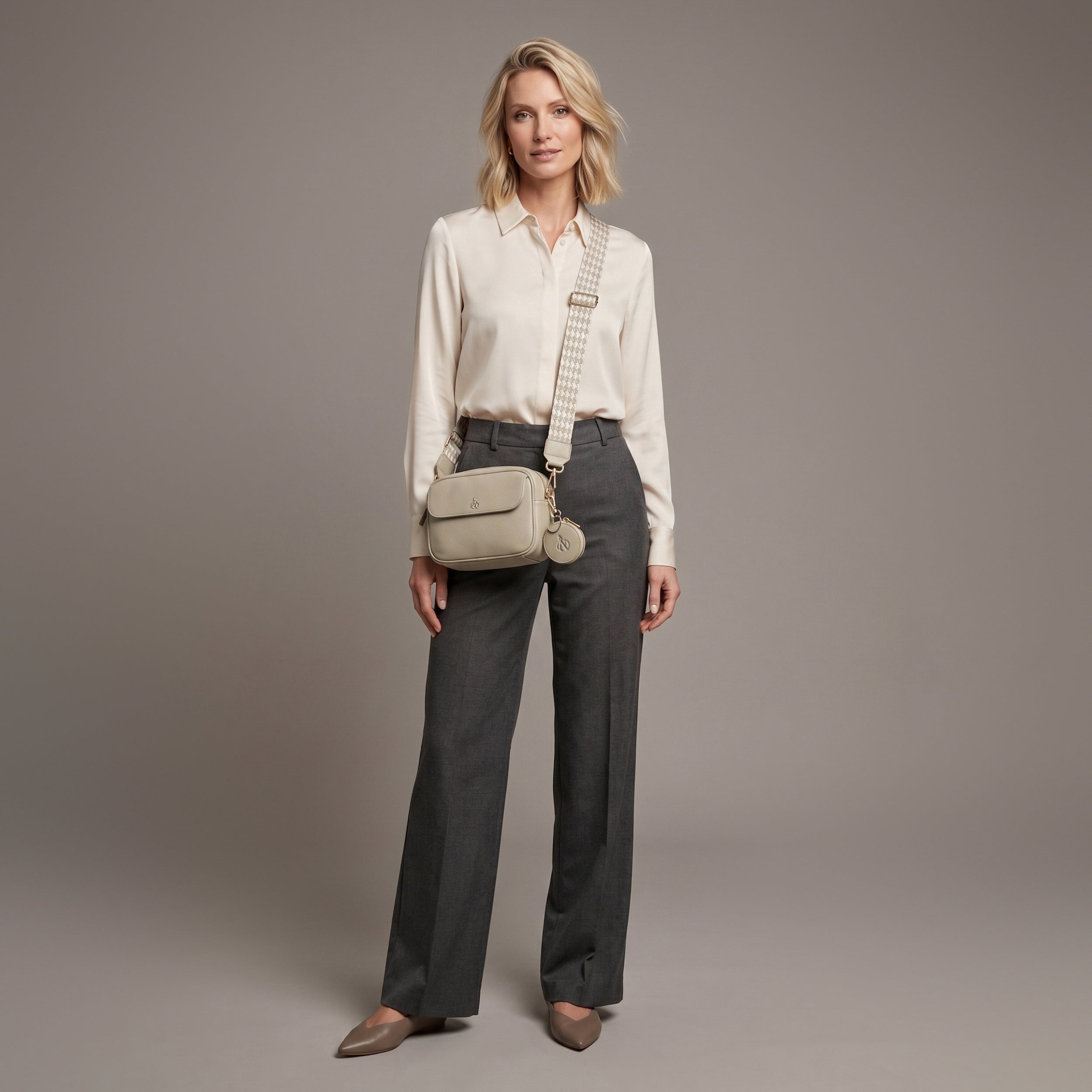 'HACKNEY' Fog Grey Pebble Grain Real Leather Crossbody Bag