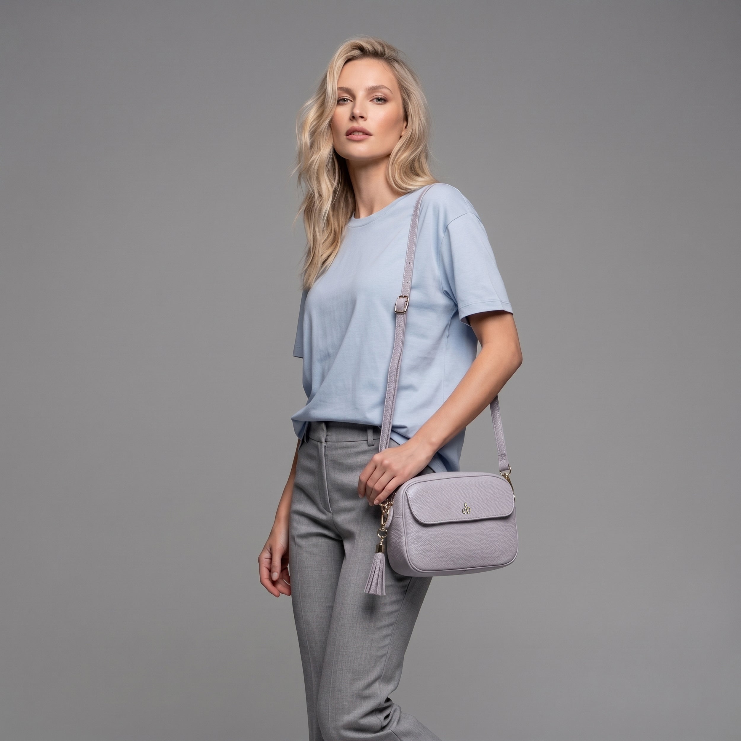 'HACKNEY' Lilac Pebble Grain Real Leather Crossbody Bag