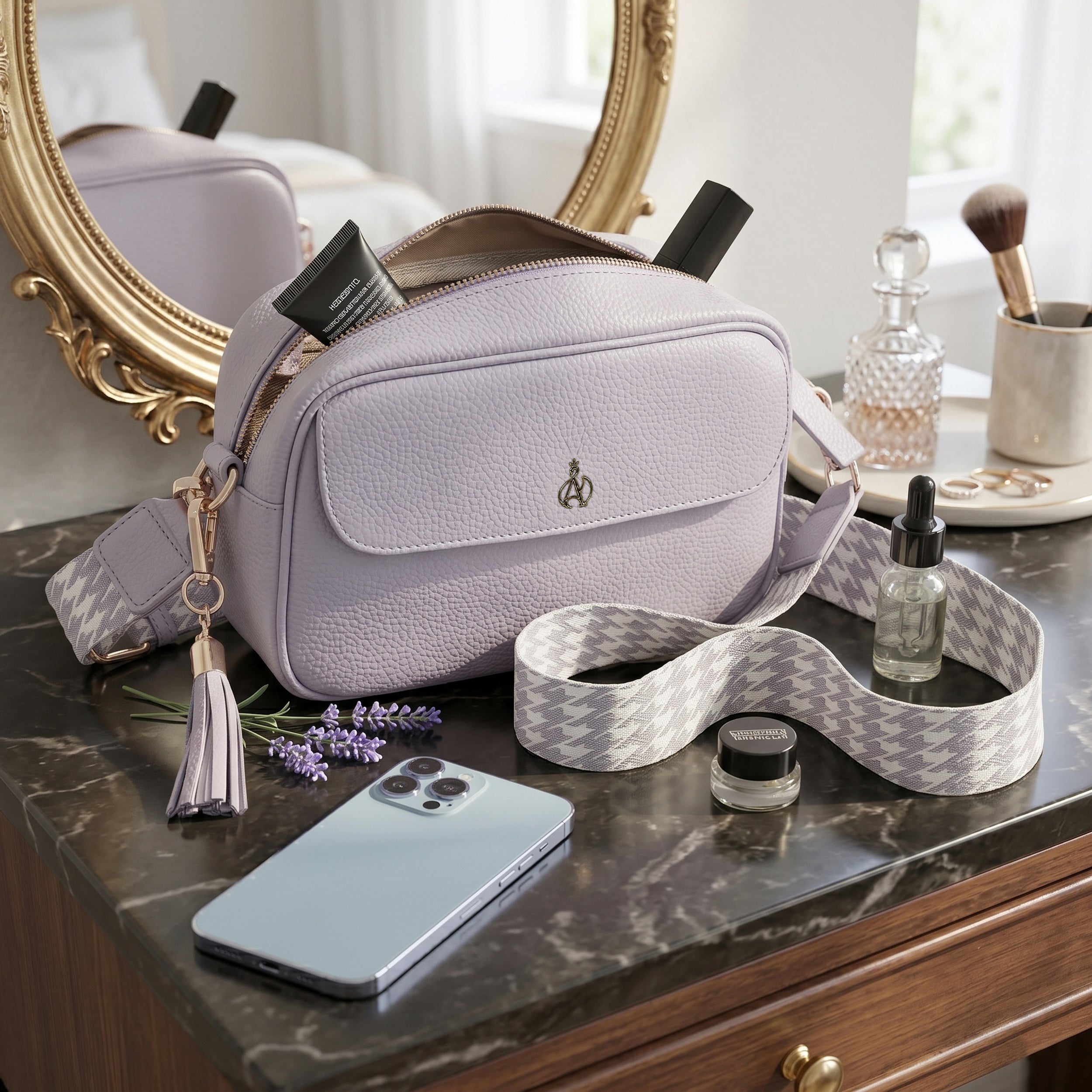 'HACKNEY' Lilac Pebble Grain Real Leather Crossbody Bag