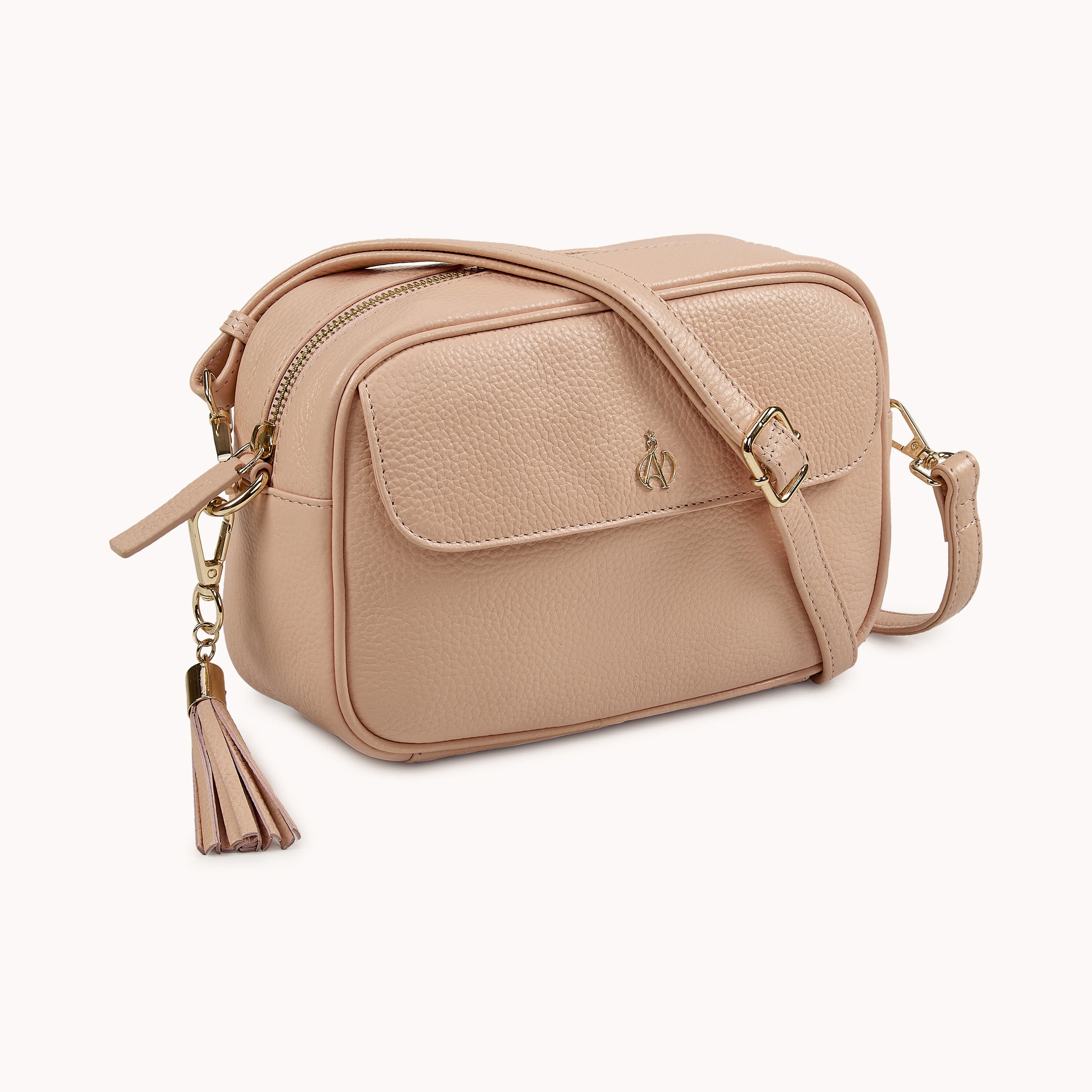 'HACKNEY' Peach Pebble Grain Real Leather Crossbody Bag