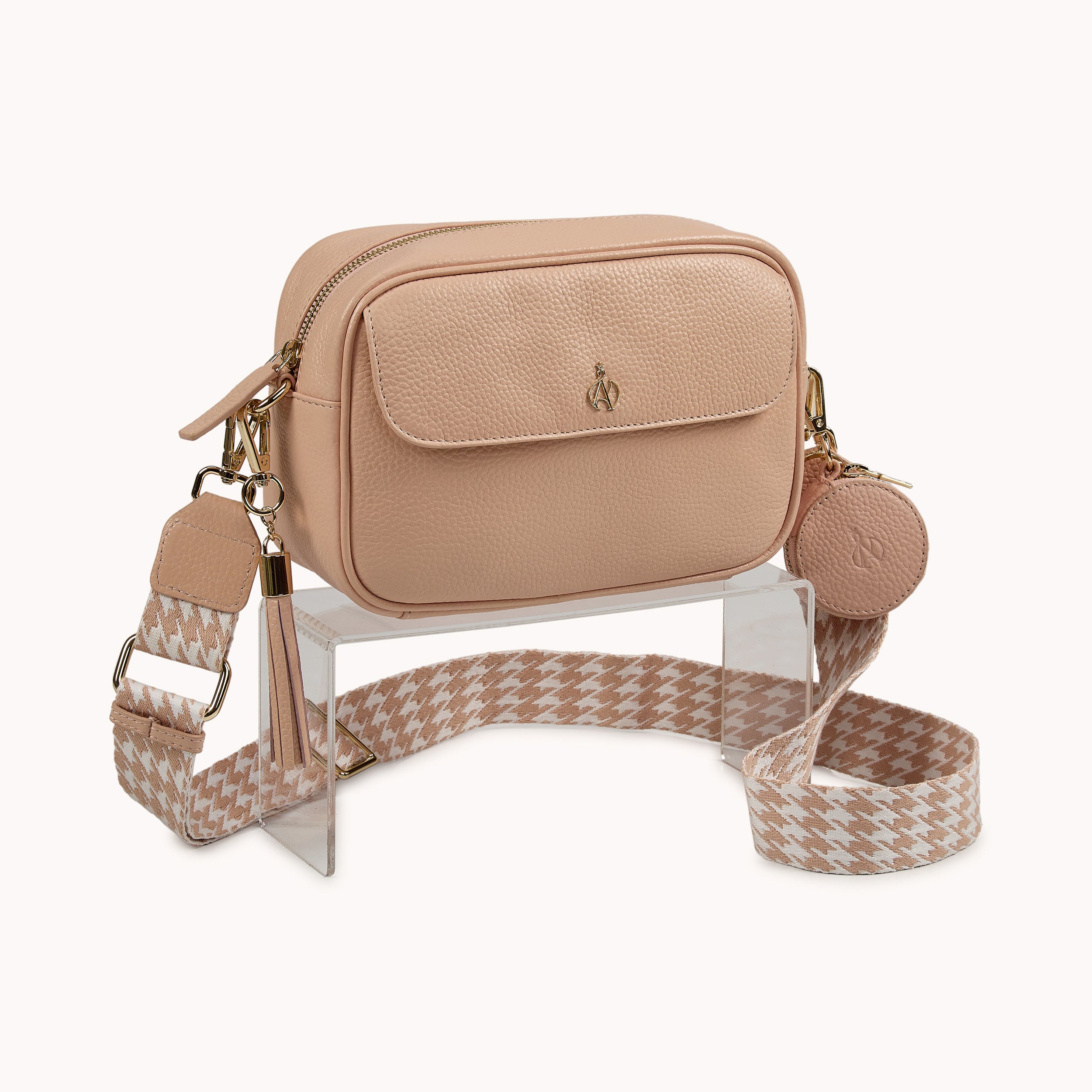 'HACKNEY' Peach Pebble Grain Real Leather Crossbody Bag