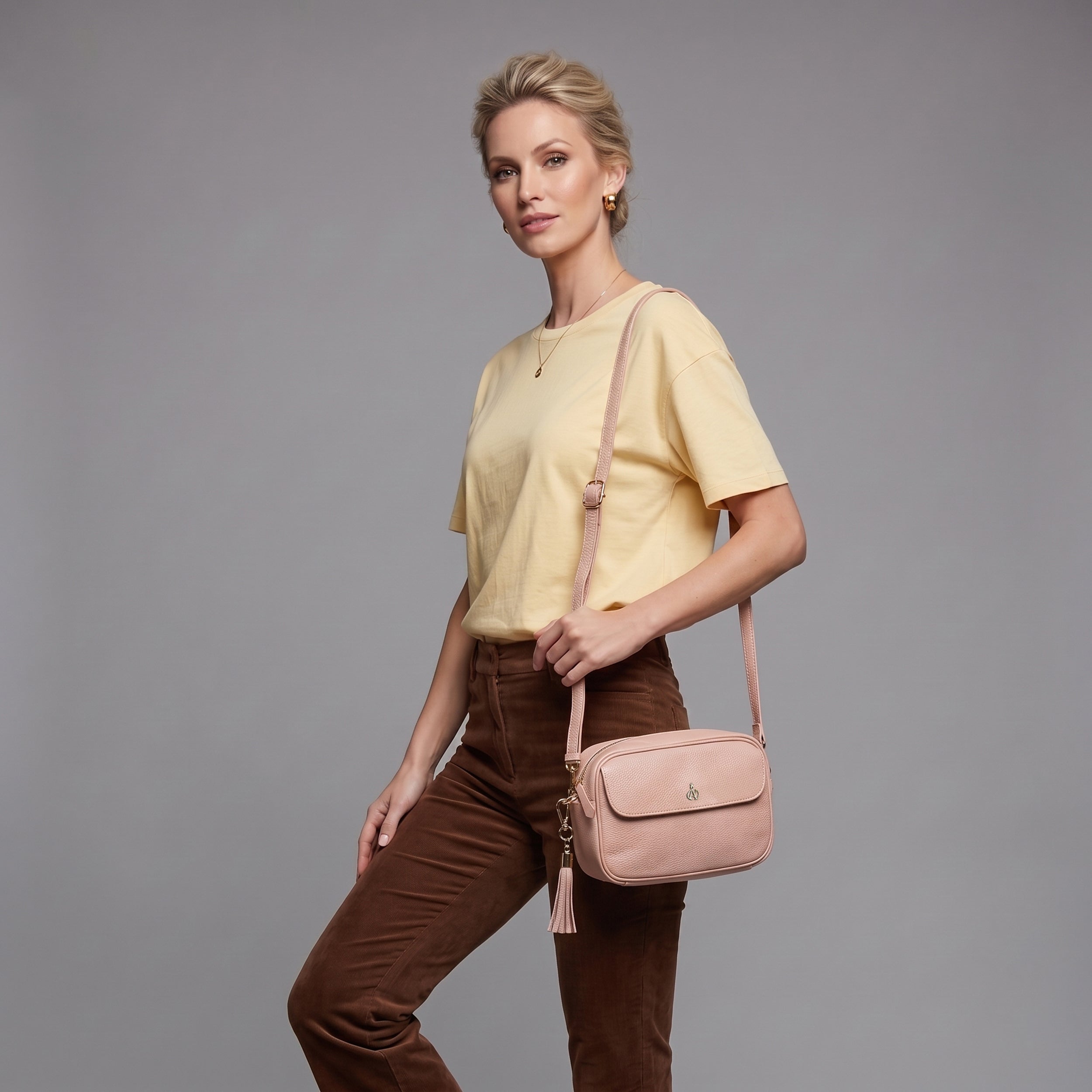 'HACKNEY' Peach Pebble Grain Real Leather Crossbody Bag