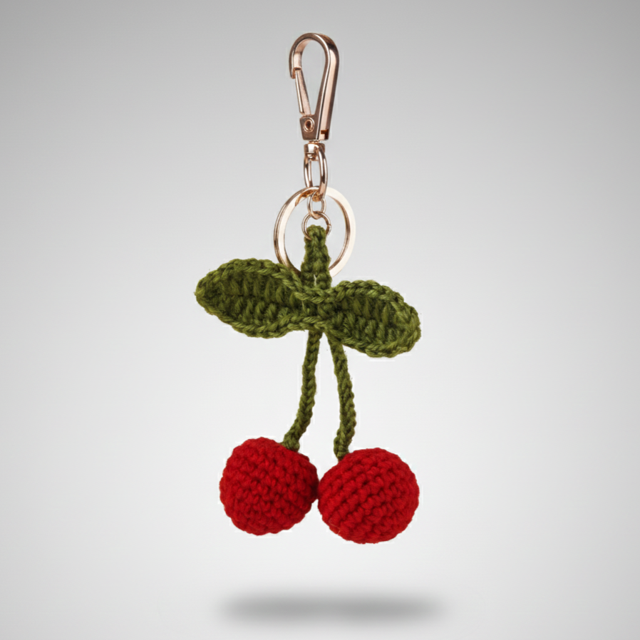 The Cherry Hand Crochet Gold Charm Keyring