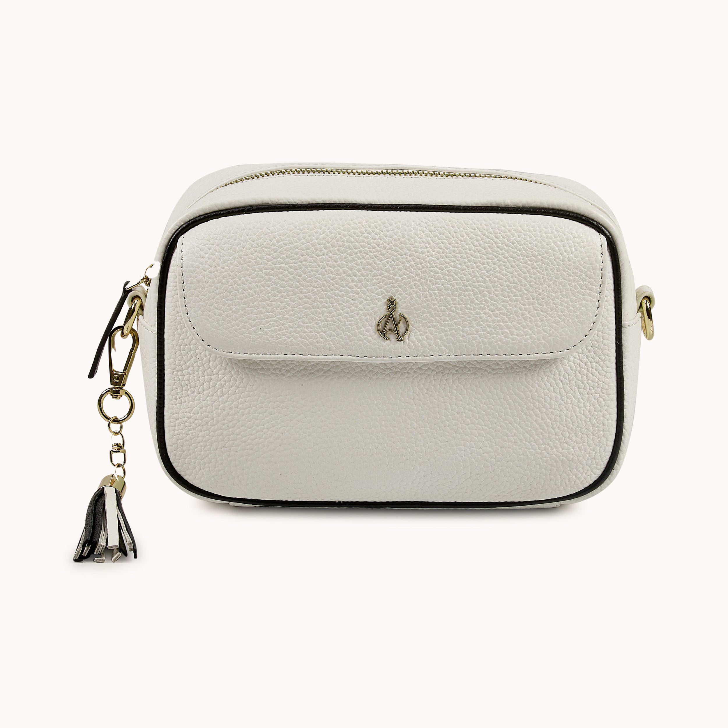 'HACKNEY' White & Black Pebble Grain Real Leather Crossbody Bag