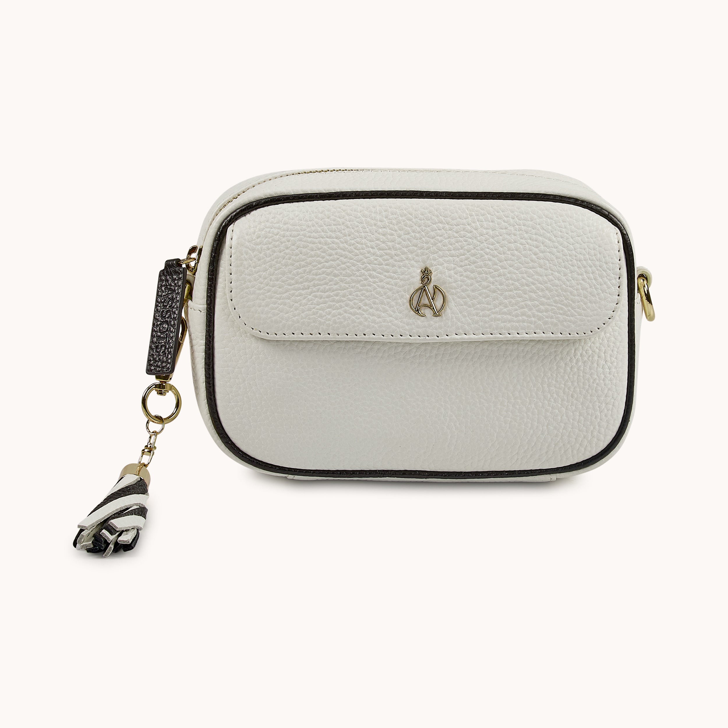'HACKNEY MINI' White & Black Pebble Grain Real Leather Crossbody Bag