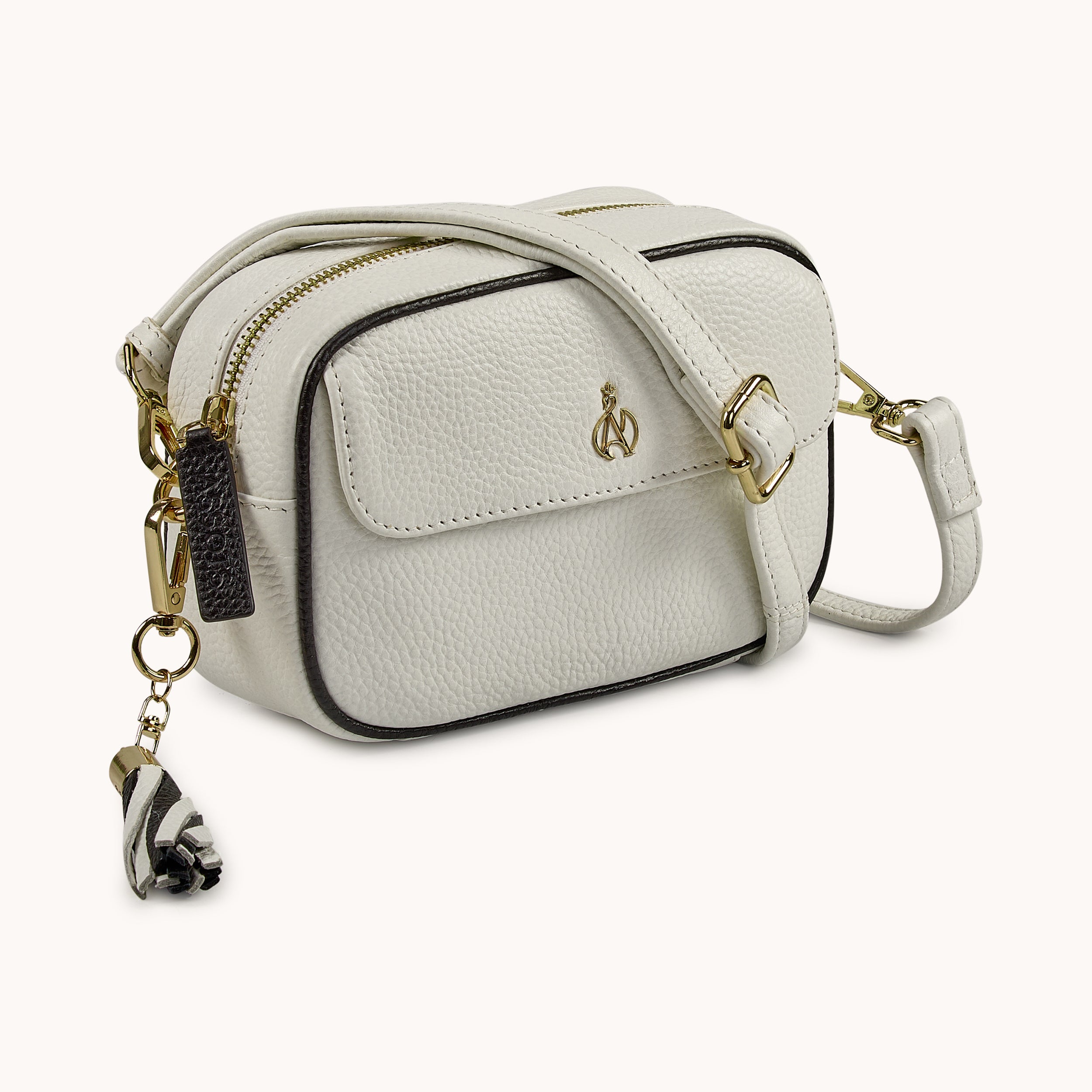 'HACKNEY MINI' White & Black Pebble Grain Real Leather Crossbody Bag