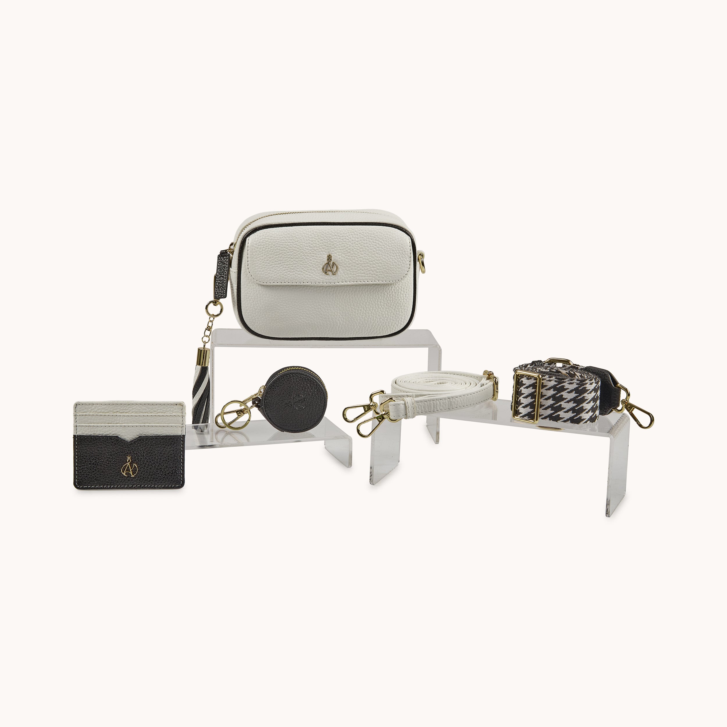 'HACKNEY MINI' White & Black Pebble Grain Real Leather Crossbody Bag