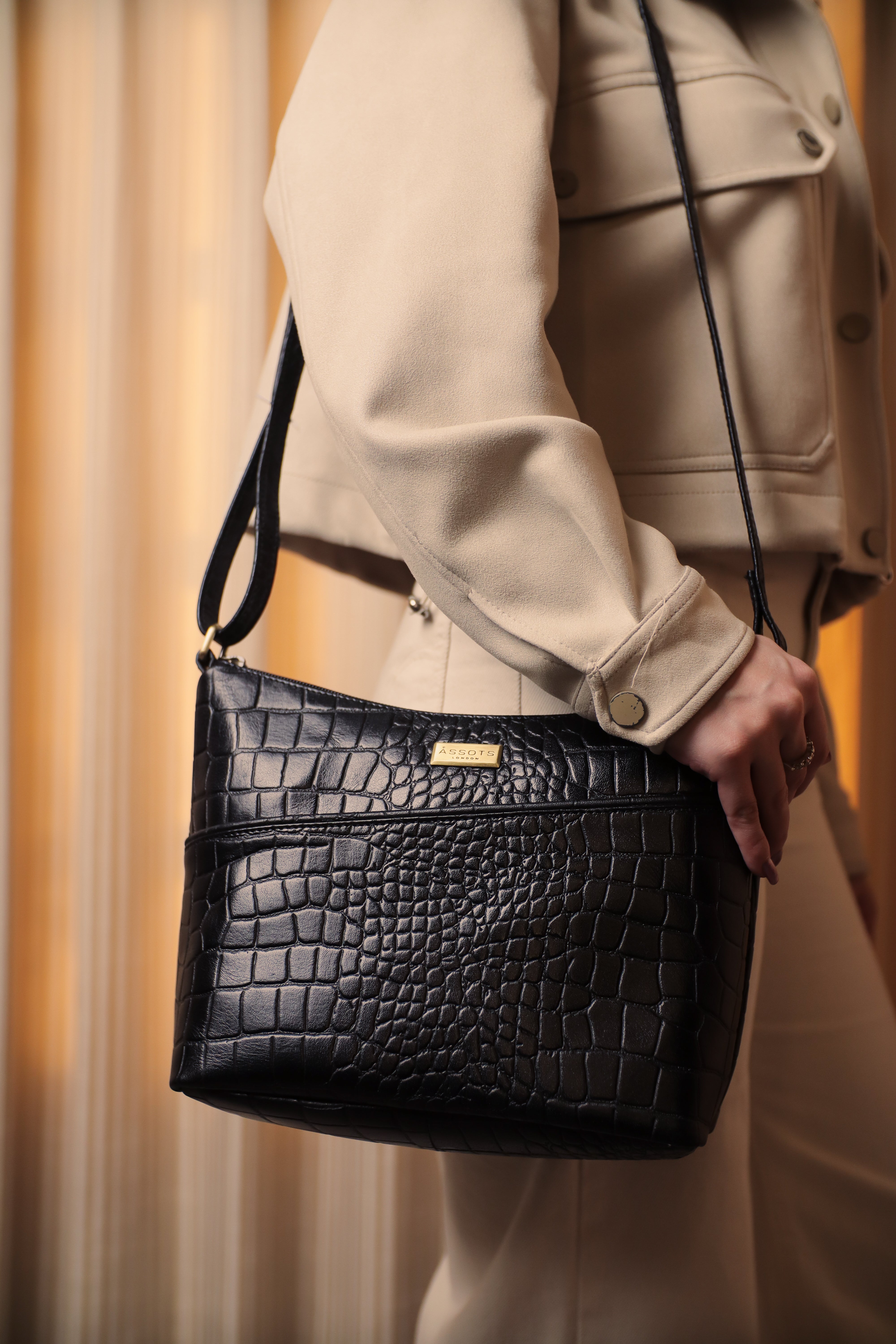 'CAROL' Black Croc Real Leather Designer Crossbody Shoulder Bag