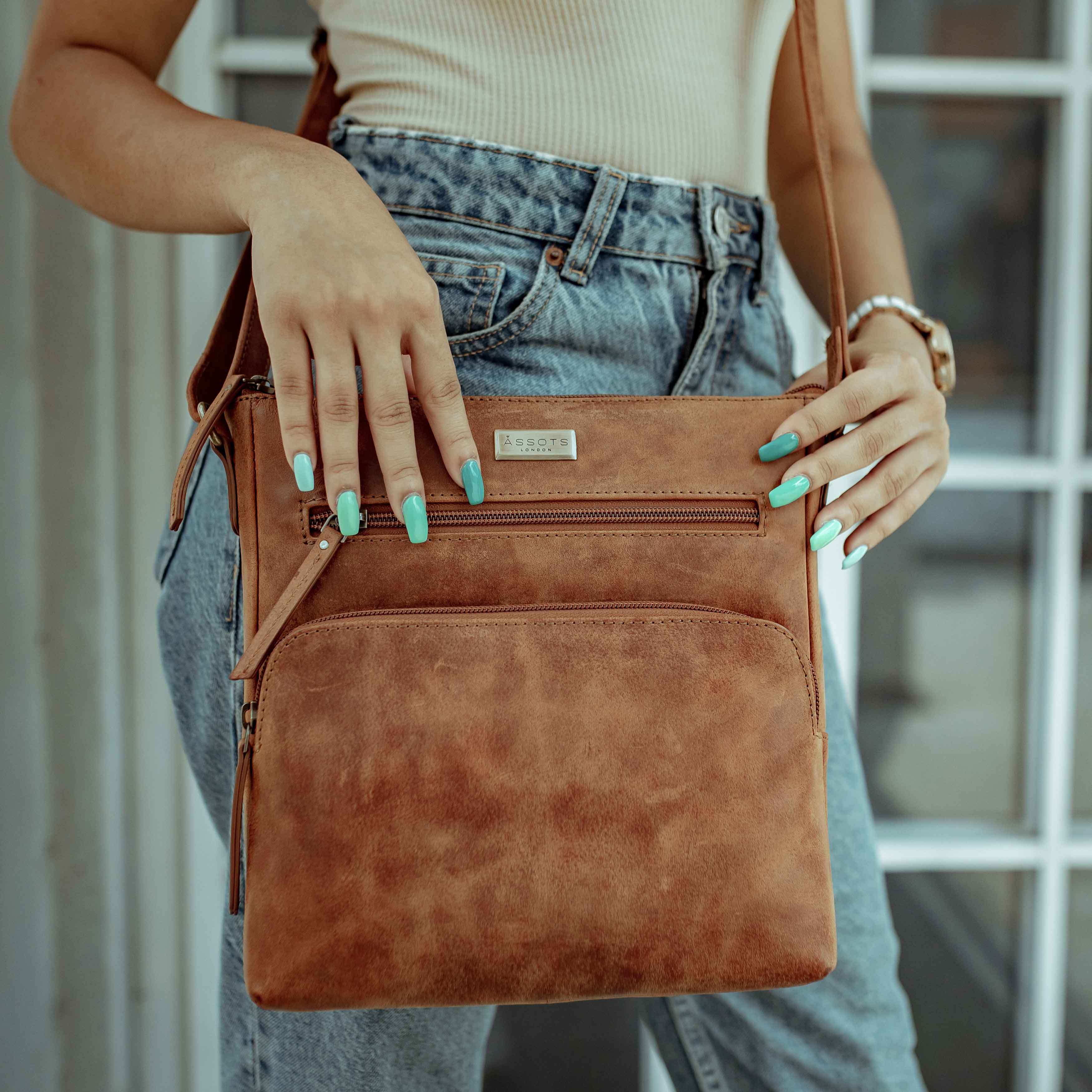 'AGATHA' Distressed Tan Vintage VT Real Leather Crossbody Bag