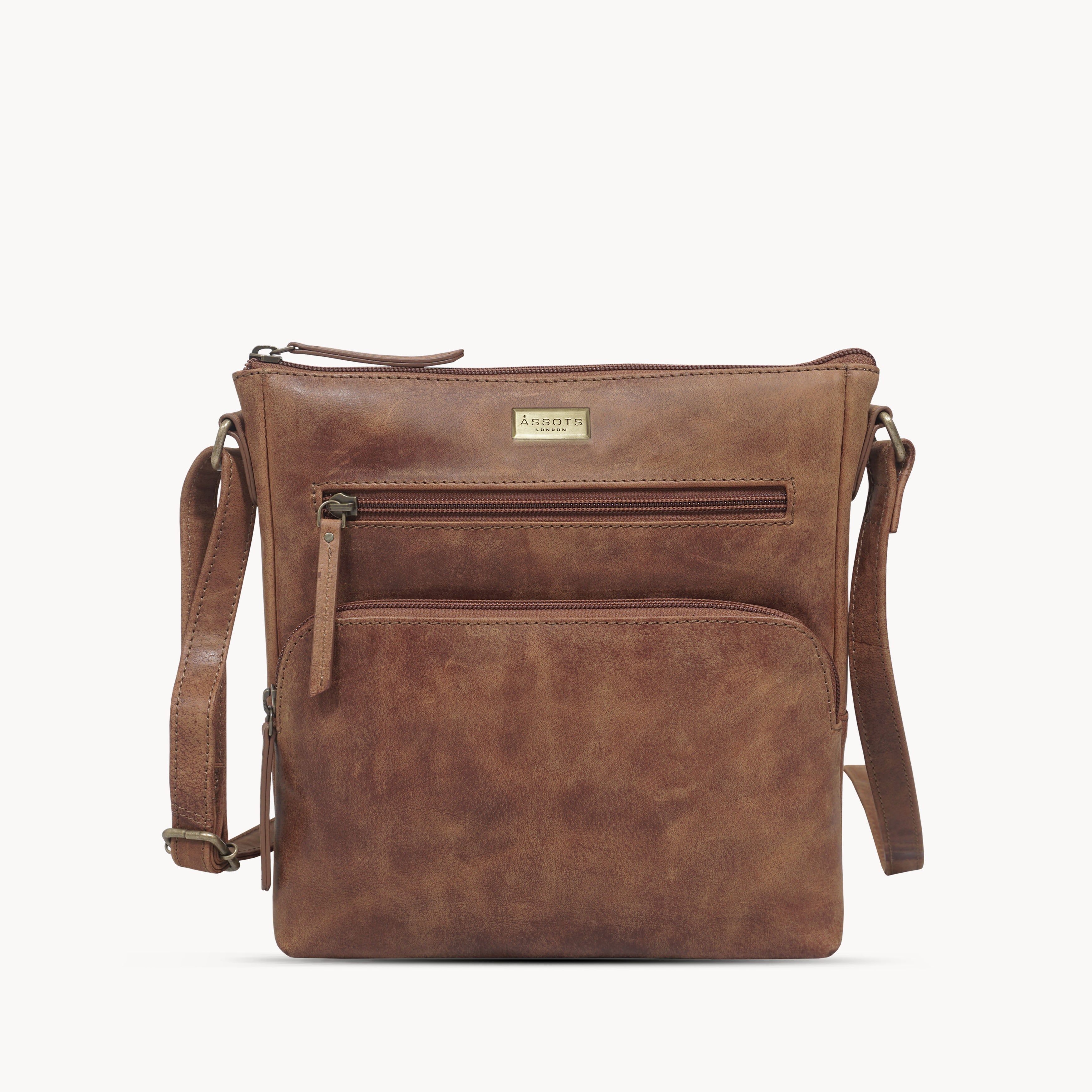 'AGATHA' Distressed Tan Vintage VT Real Leather Crossbody Bag