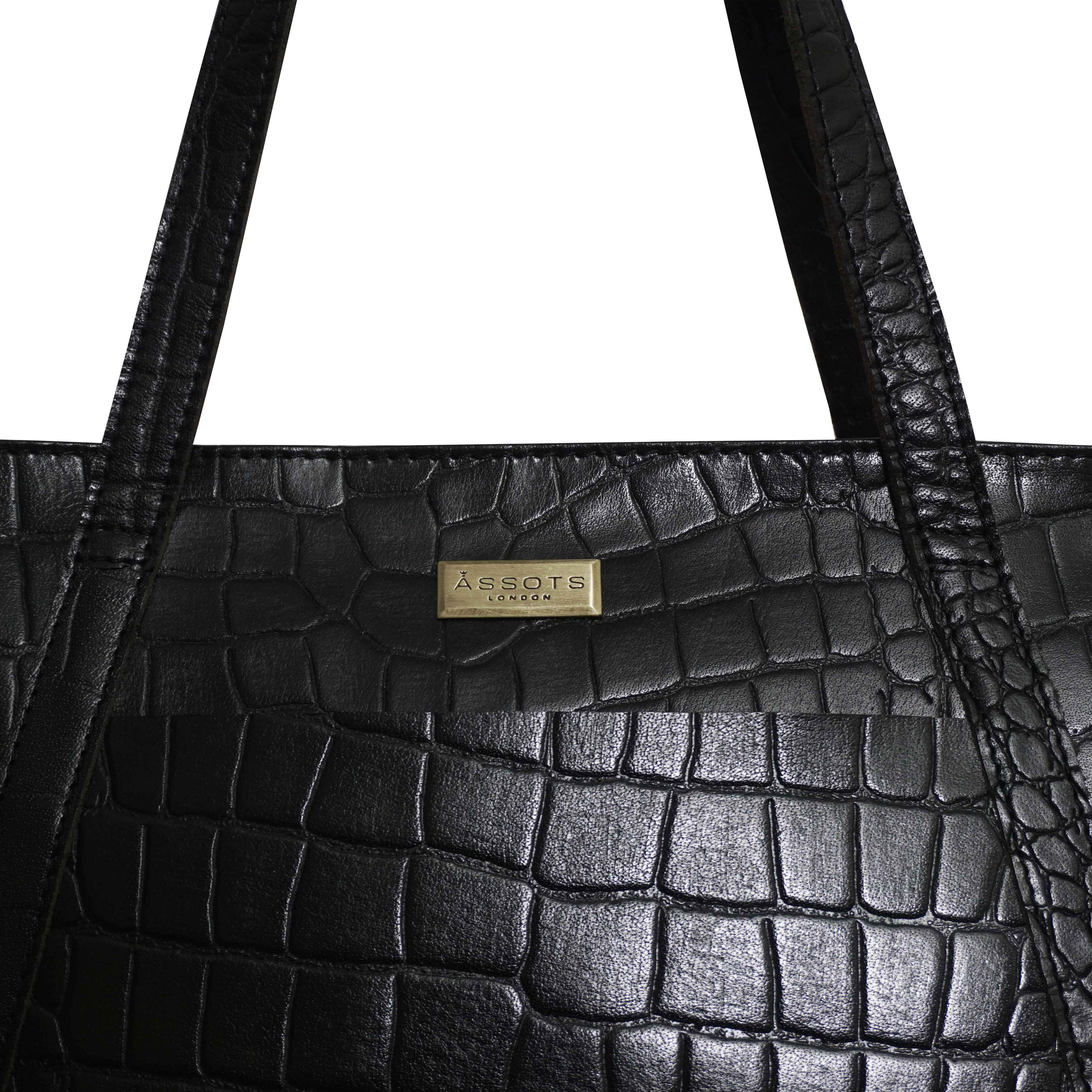 'AGNES' Black Croc Real Leather Designer Tote Bag