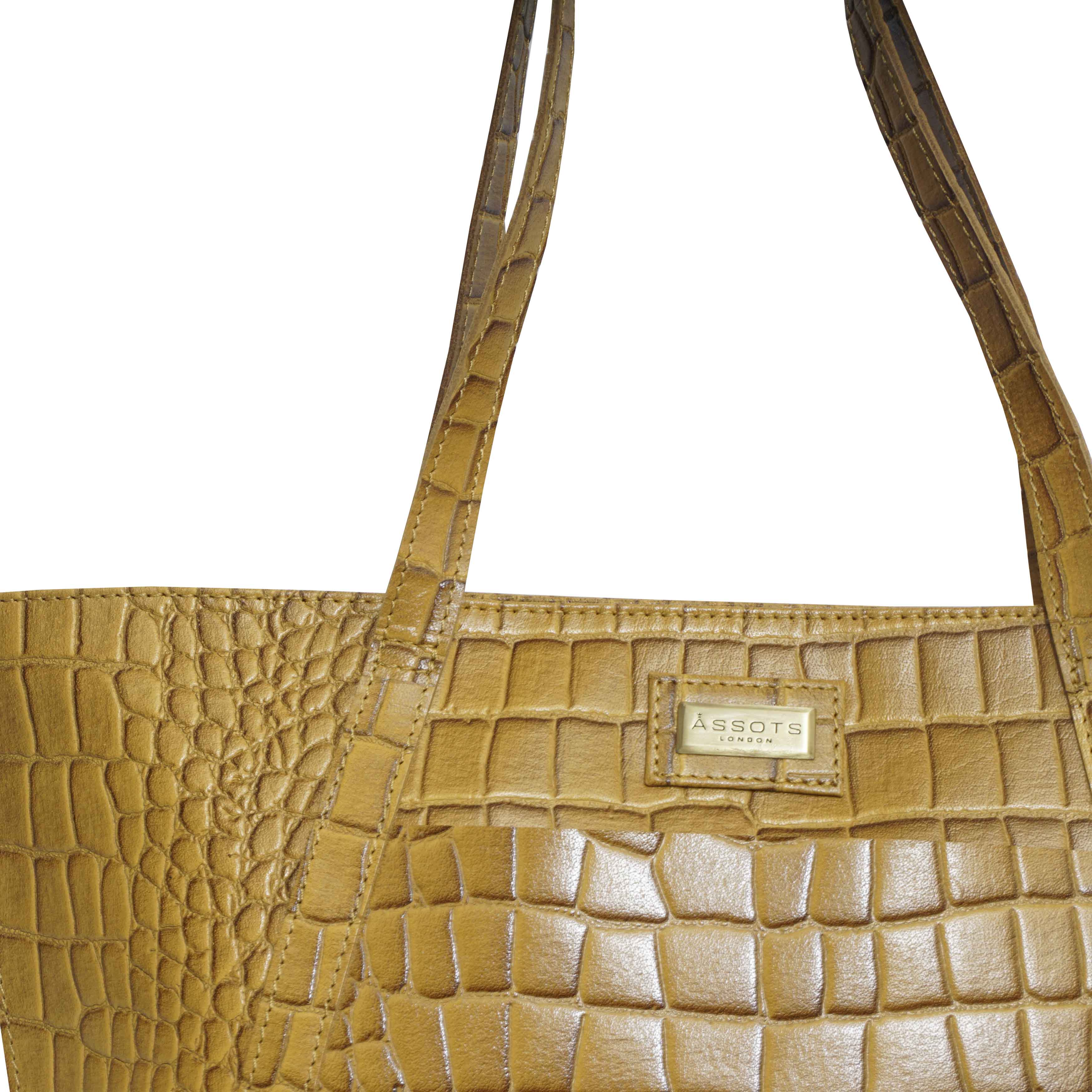 'AGNES' Ochre Mustard Croc Real Leather Designer Tote Bag