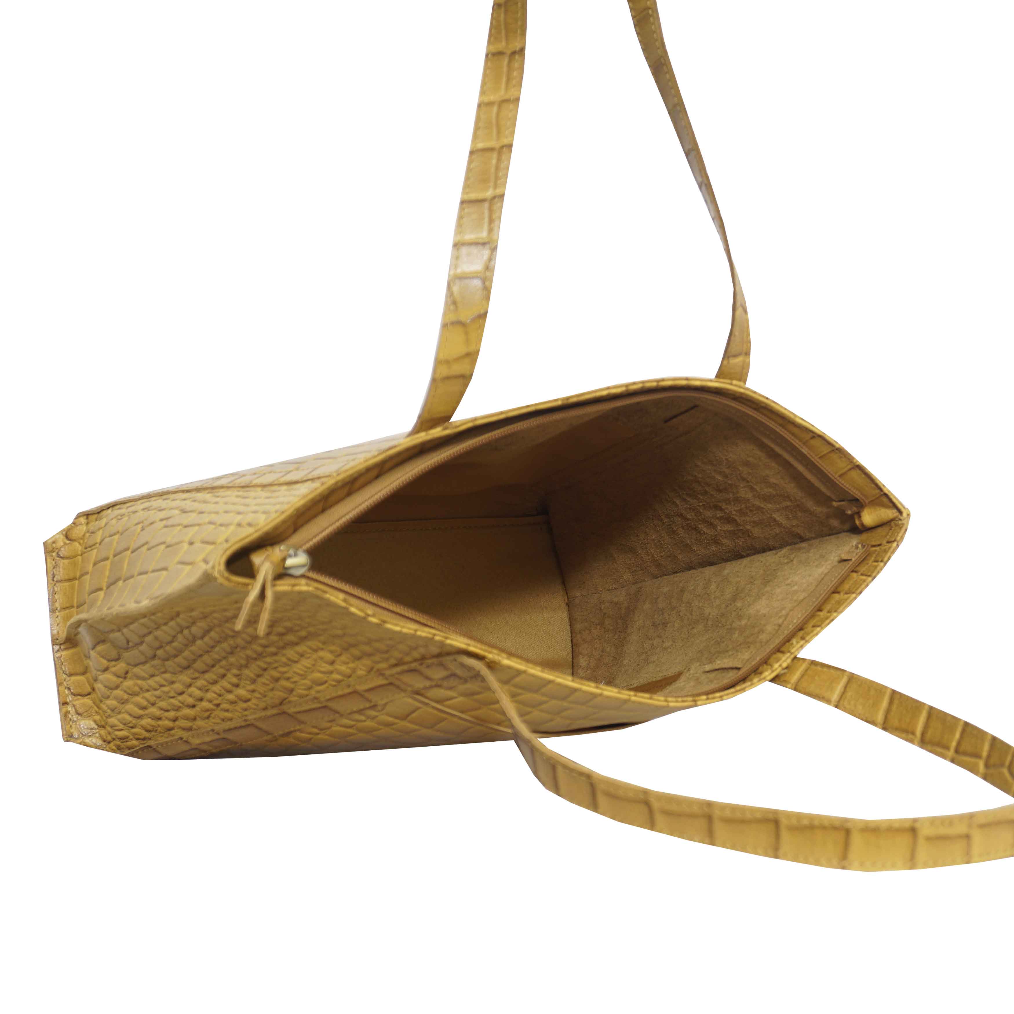 'AGNES' Ochre Mustard Croc Real Leather Designer Tote Bag